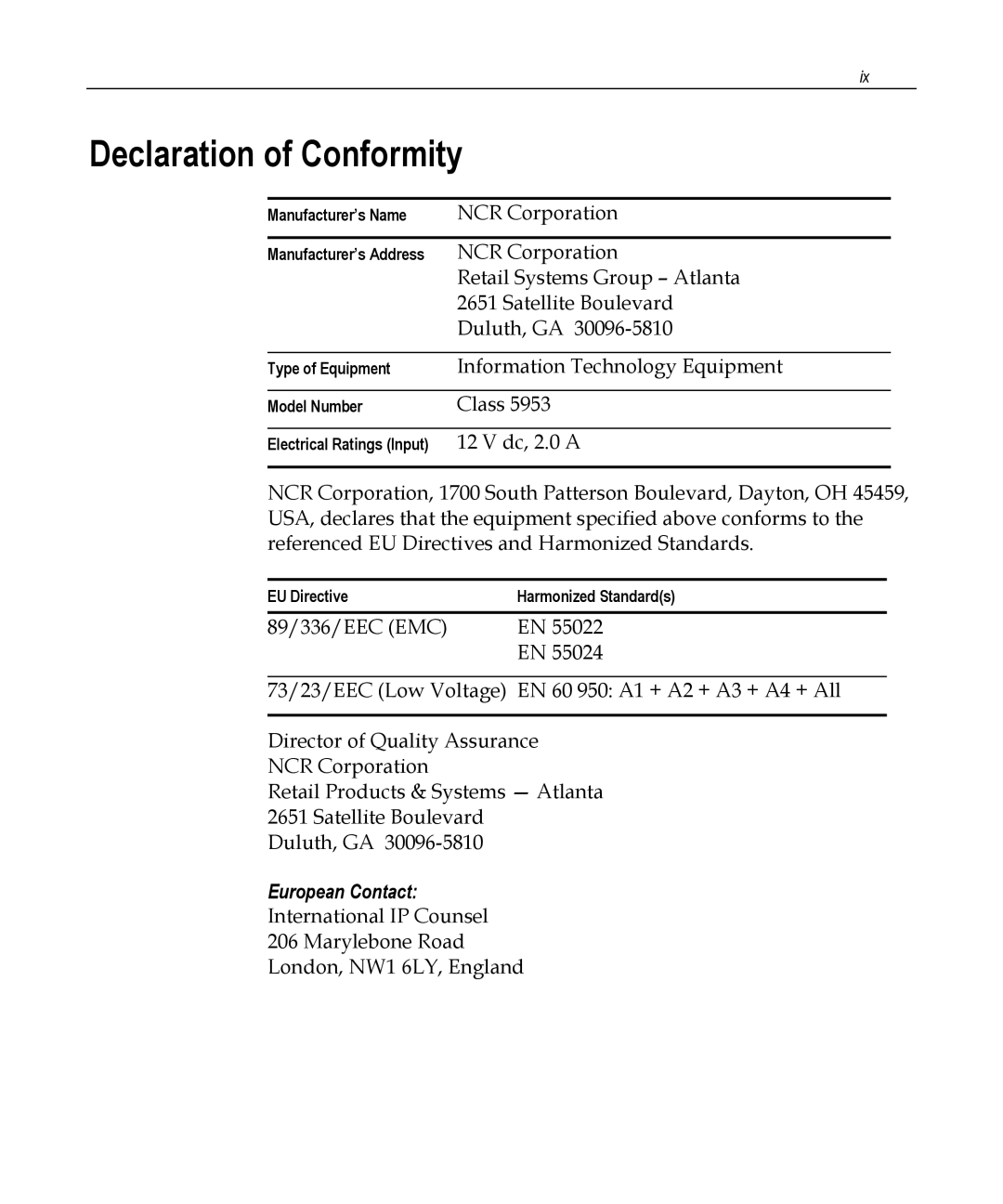 NCR 5953 manual Declaration of Conformity, European Contact 