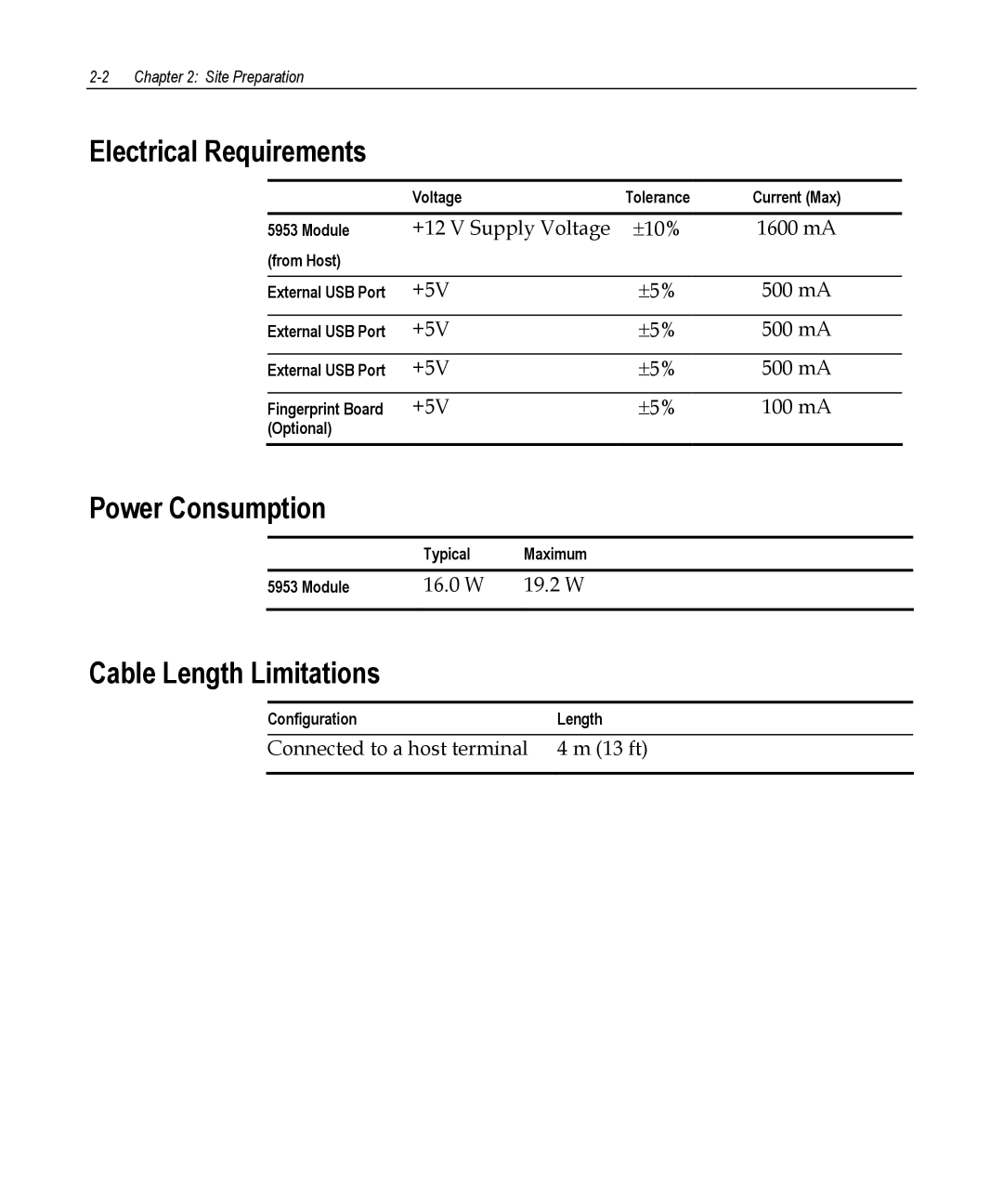 NCR 5953 manual Electrical Requirements, Power Consumption, Cable Length Limitations 