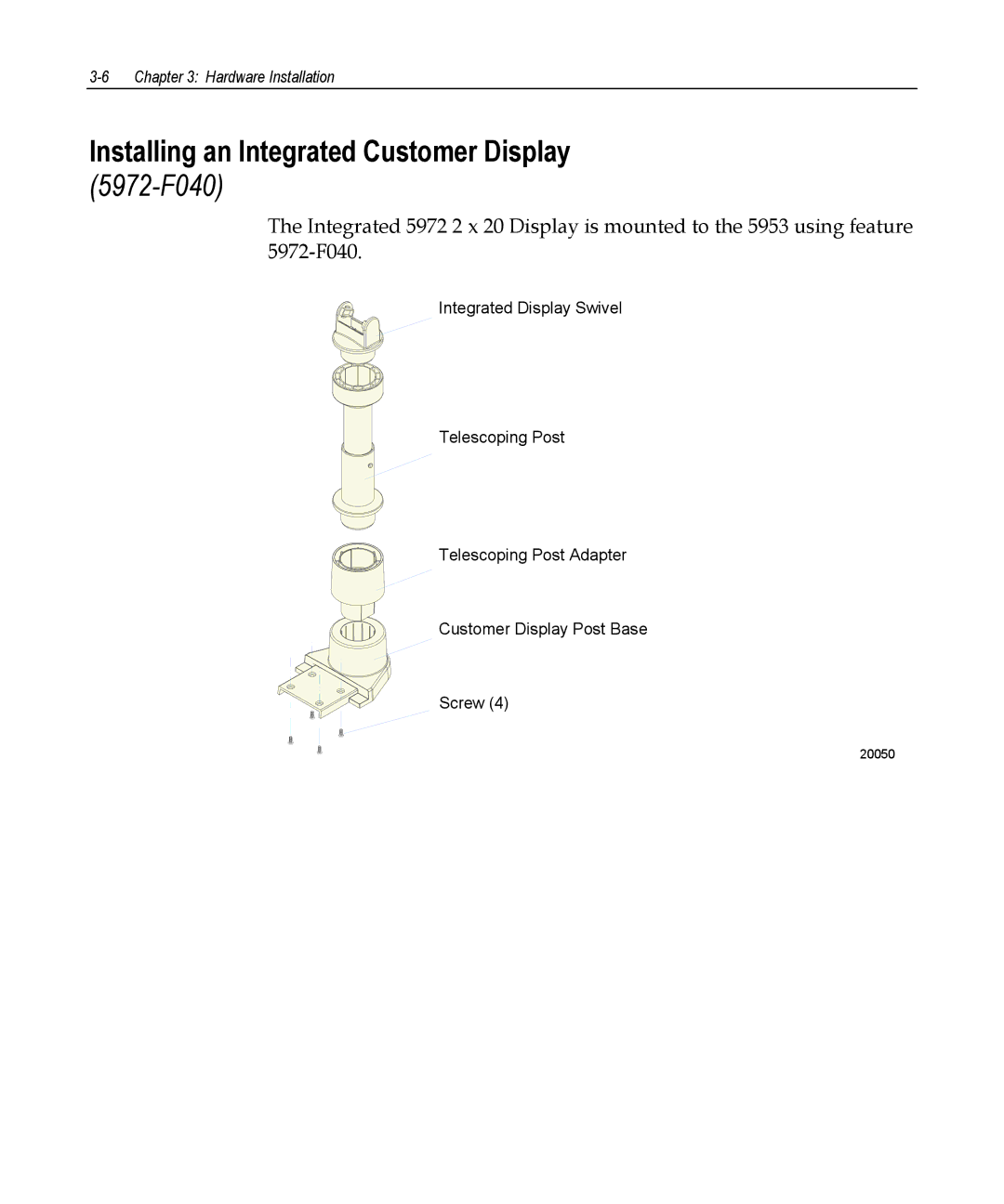 NCR 5953 manual Installing an Integrated Customer Display, 5972-F040 