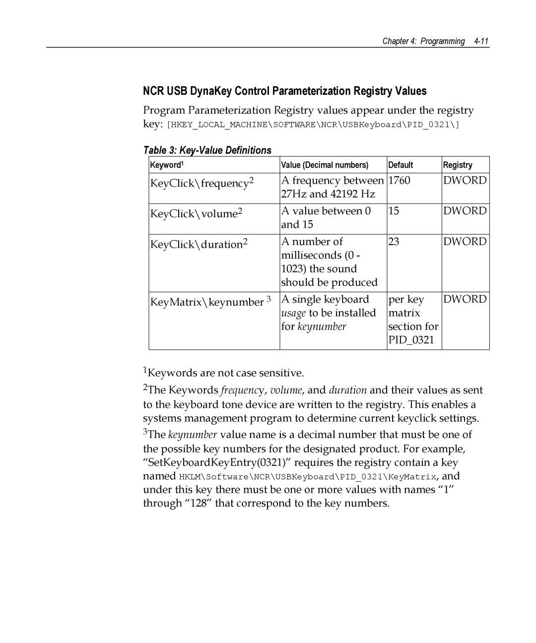 NCR 5953 manual NCR USB DynaKey Control Parameterization Registry Values, Key-Value Definitions 