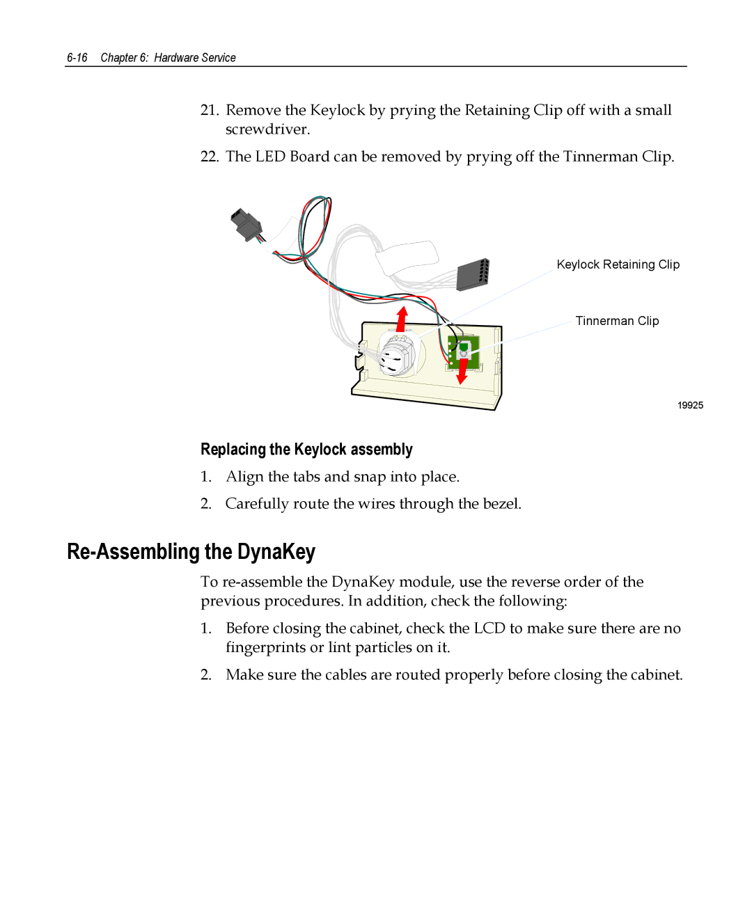 NCR 5953 manual Re-Assembling the DynaKey, Replacing the Keylock assembly 