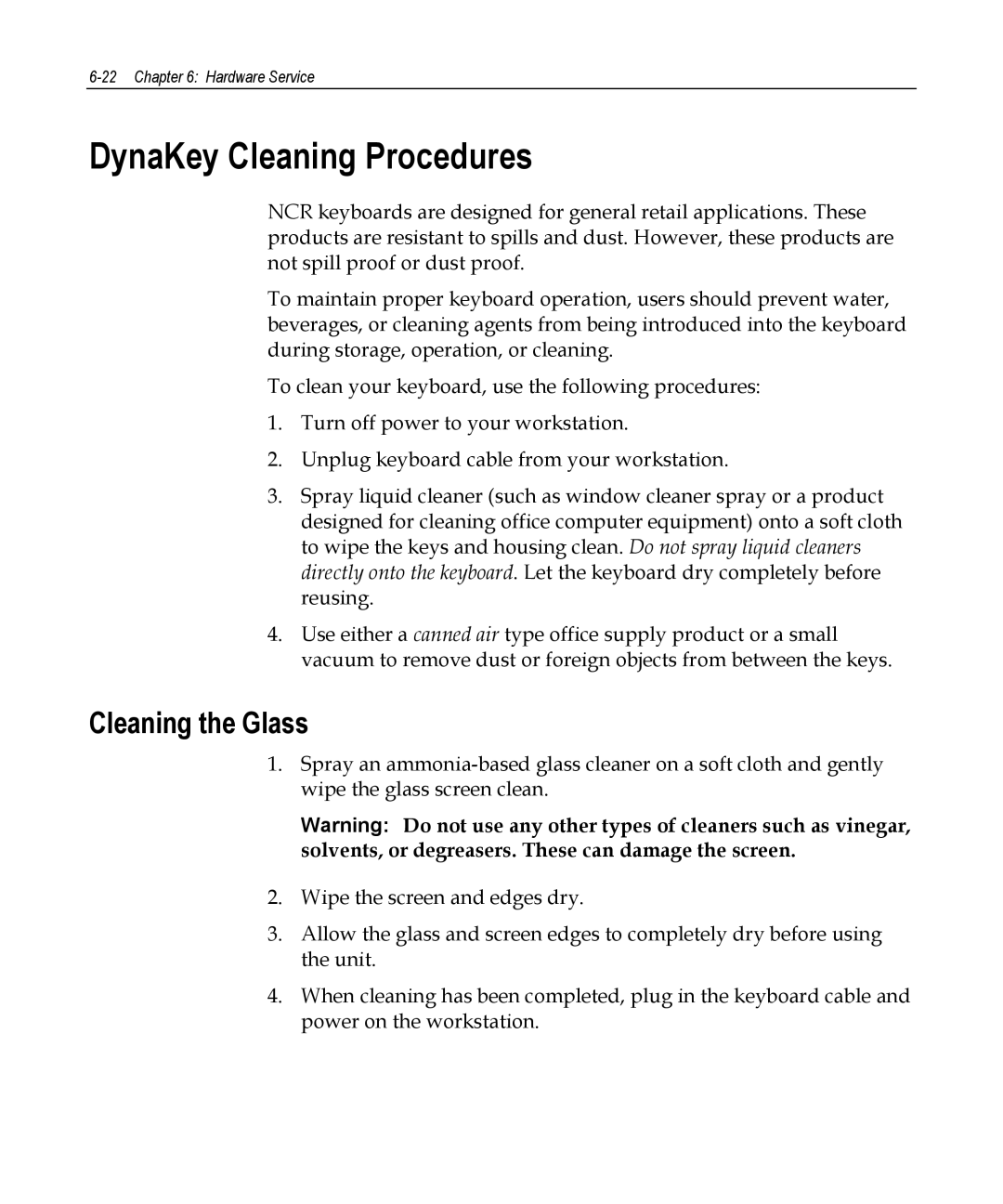 NCR 5953 manual DynaKey Cleaning Procedures, Cleaning the Glass 