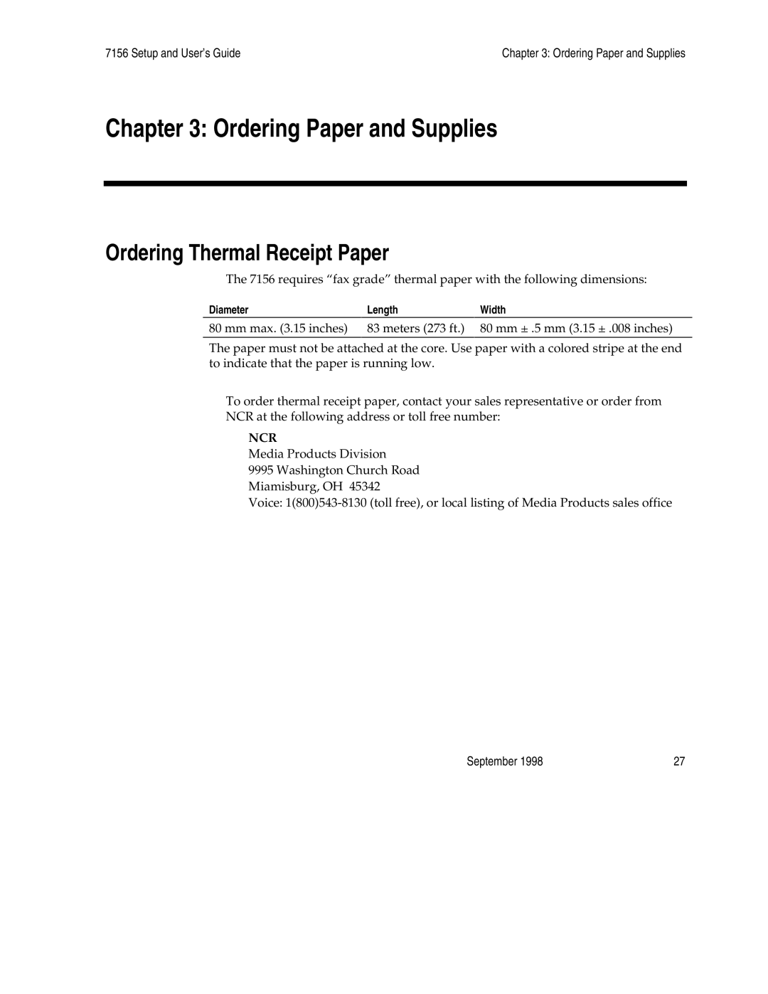 NCR 7156 manual Ordering Paper and Supplies, Ordering Thermal Receipt Paper 