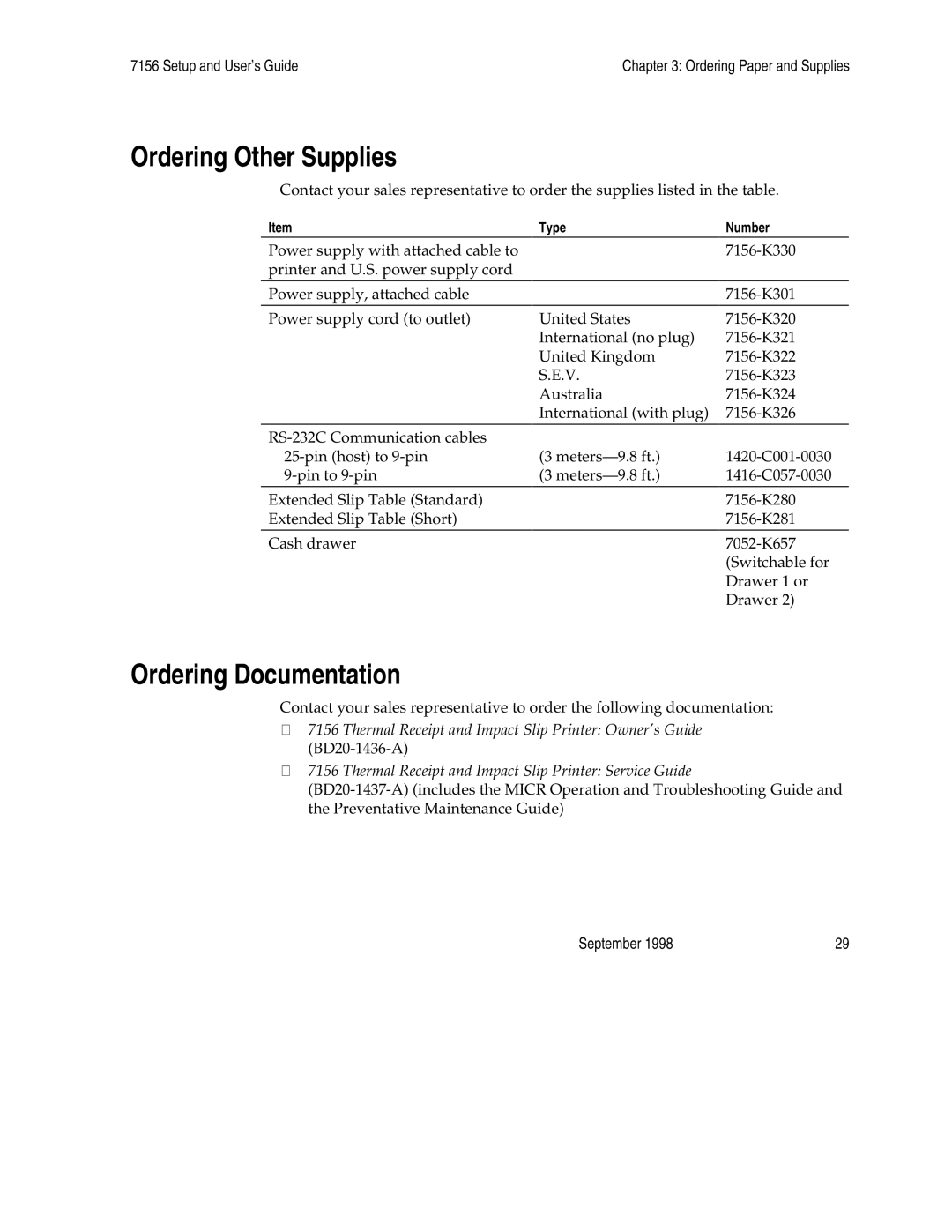 NCR 7156 manual Ordering Other Supplies, Ordering Documentation 