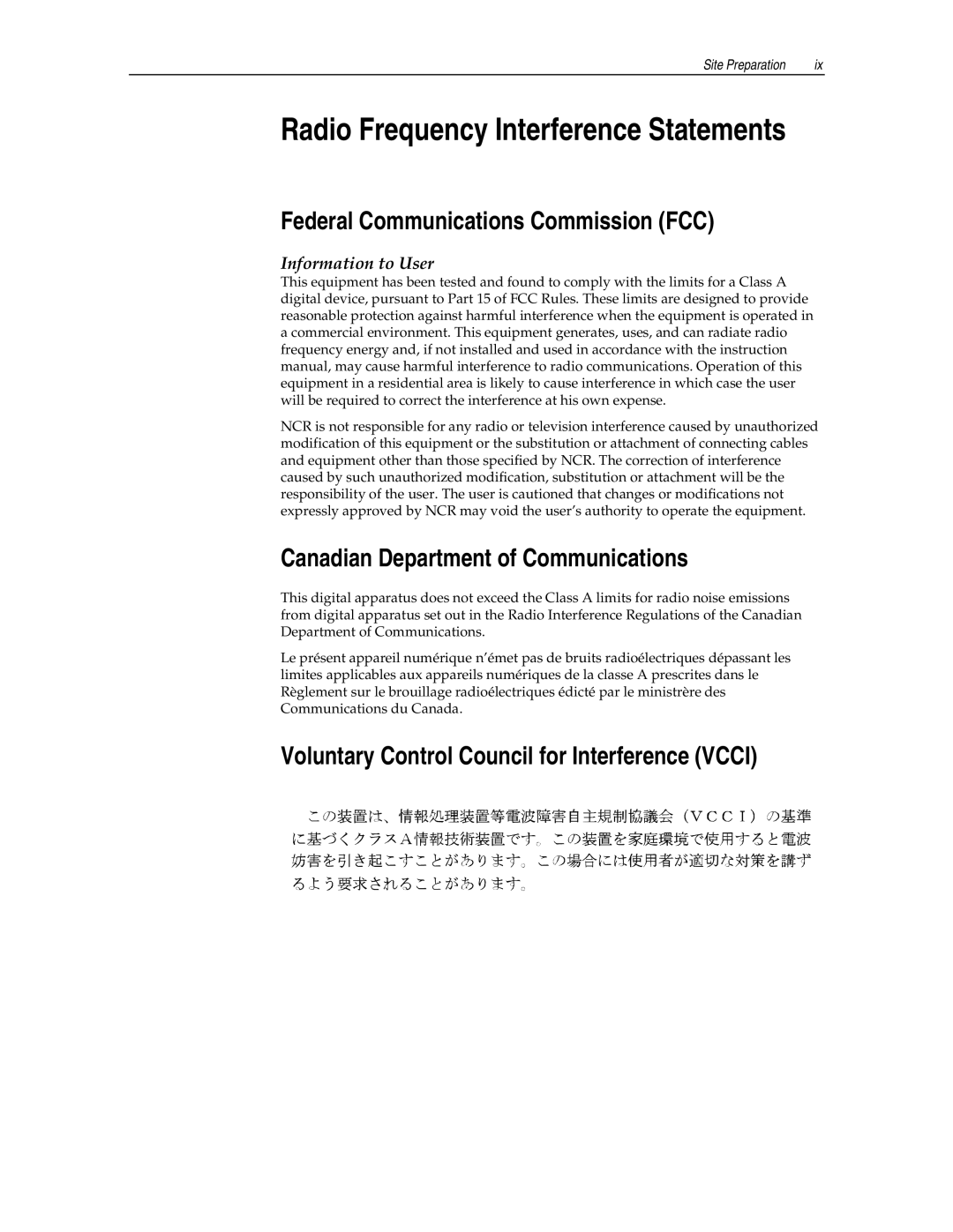 NCR 7455 manual Federal Communications Commission FCC, Canadian Department of Communications 