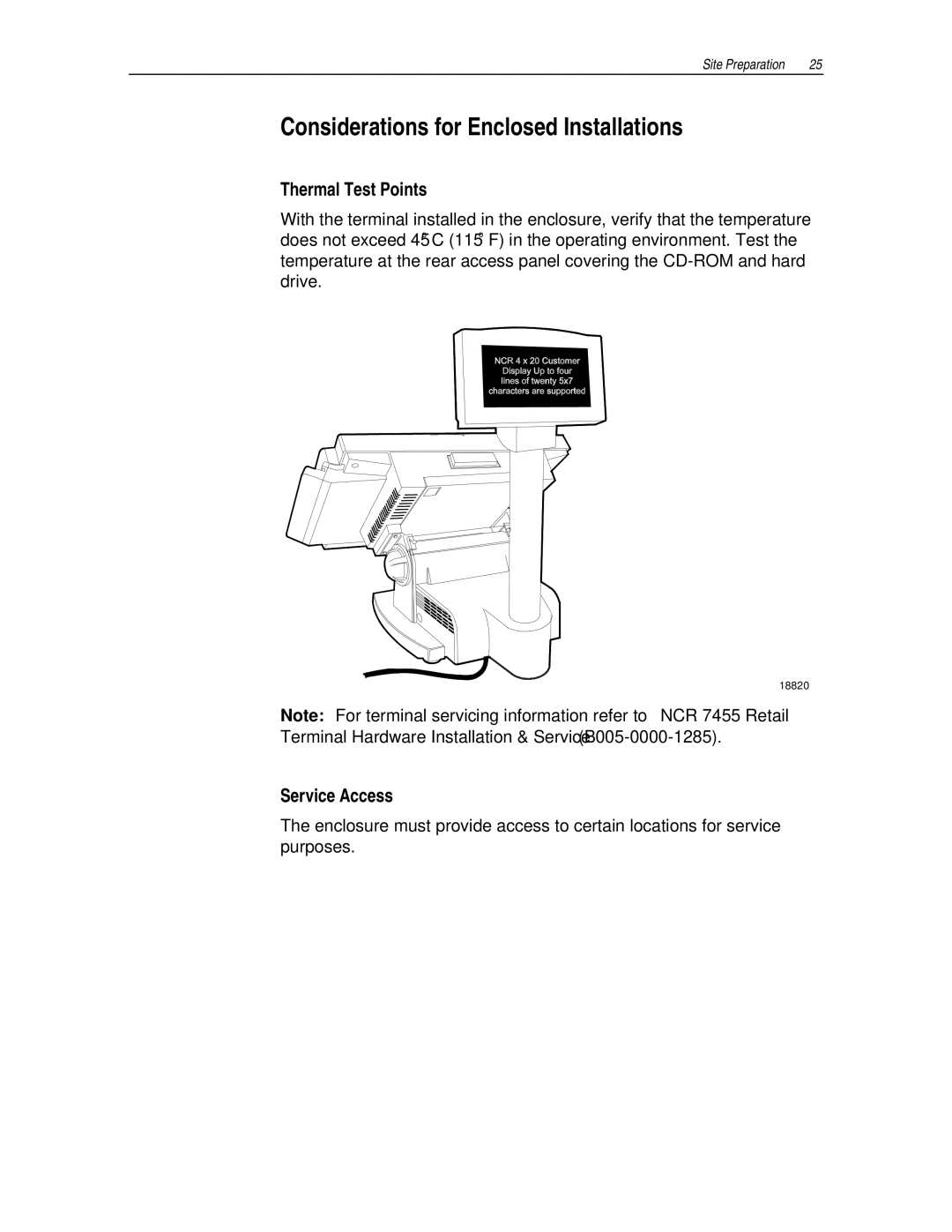 NCR 7455 manual Considerations for Enclosed Installations, Thermal Test Points, Service Access 