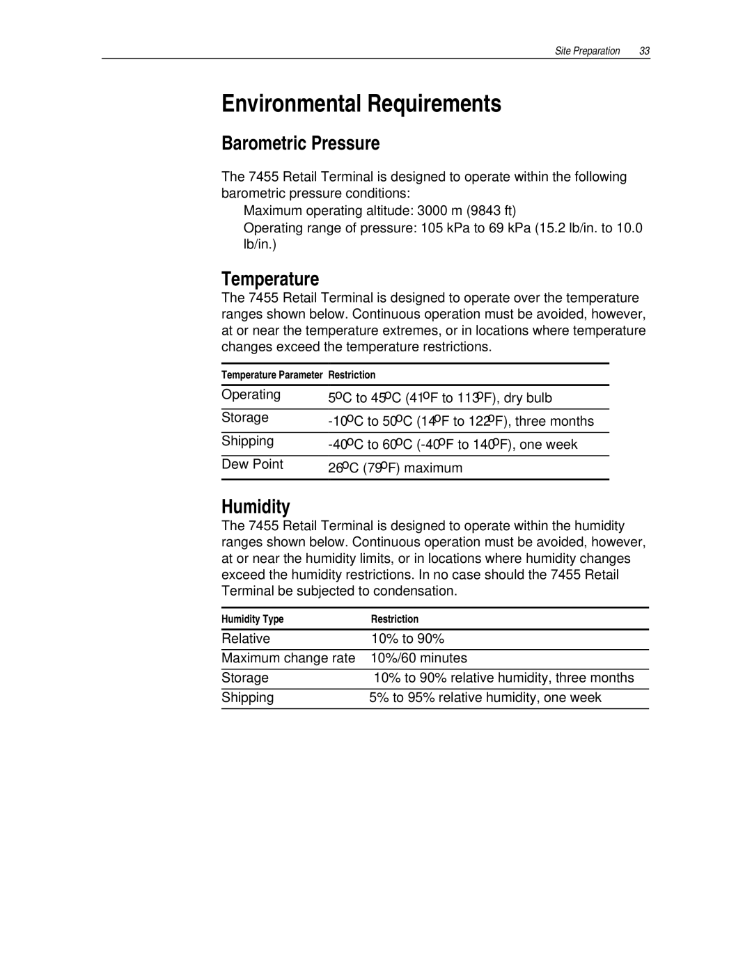 NCR 7455 manual Environmental Requirements, Barometric Pressure, Temperature, Humidity 