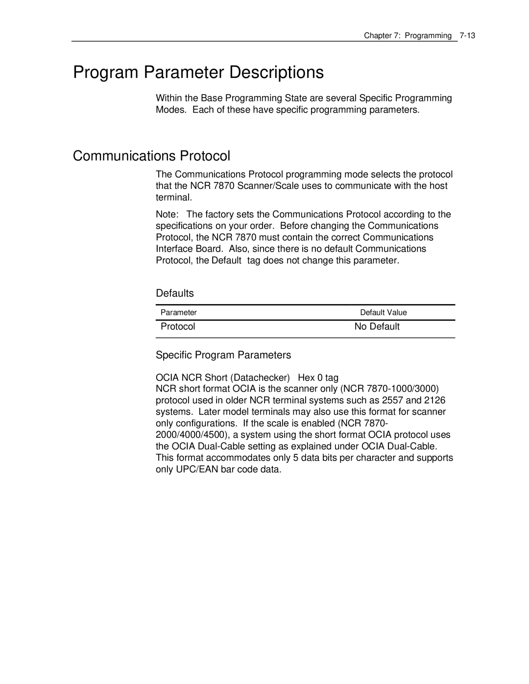 NCR 7870 manual Program Parameter Descriptions, Communications Protocol, Defaults, Specific Program Parameters 