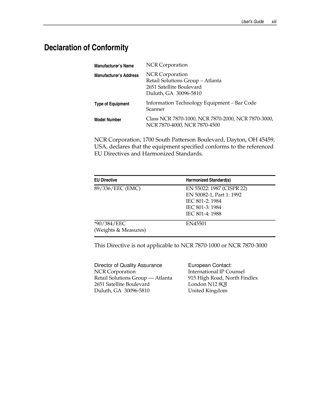 NCR manual Declaration of Conformity, This Directive is not applicable to NCR 7870-1000 or NCR 