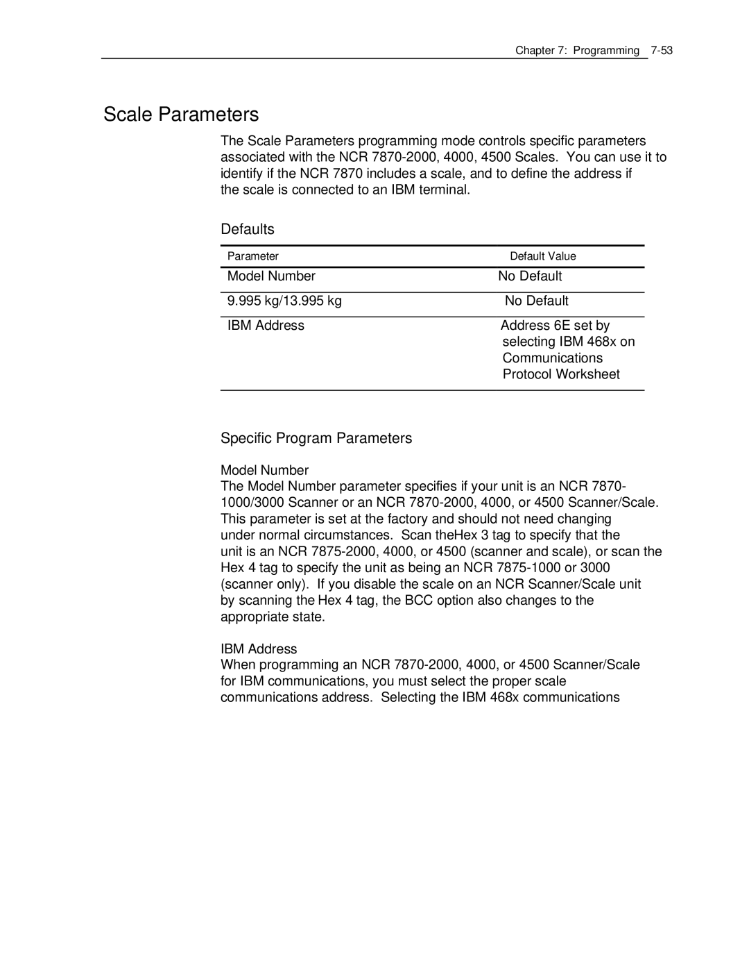 NCR 7870 manual Scale Parameters, Model Number, IBM Address 