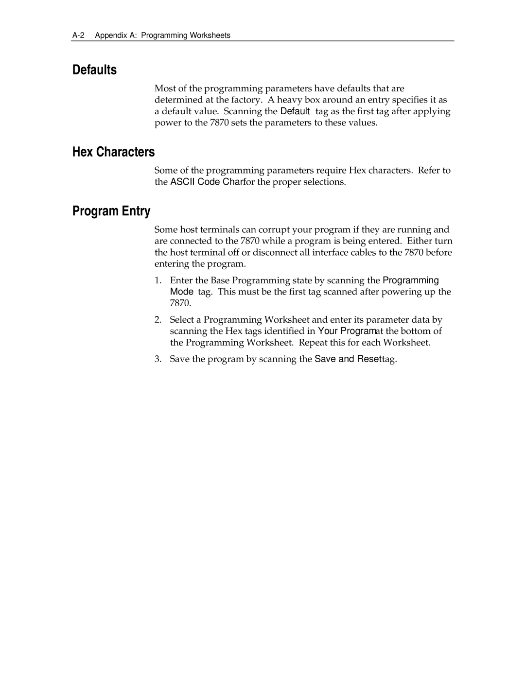 NCR 7870 manual Defaults, Hex Characters, Program Entry 
