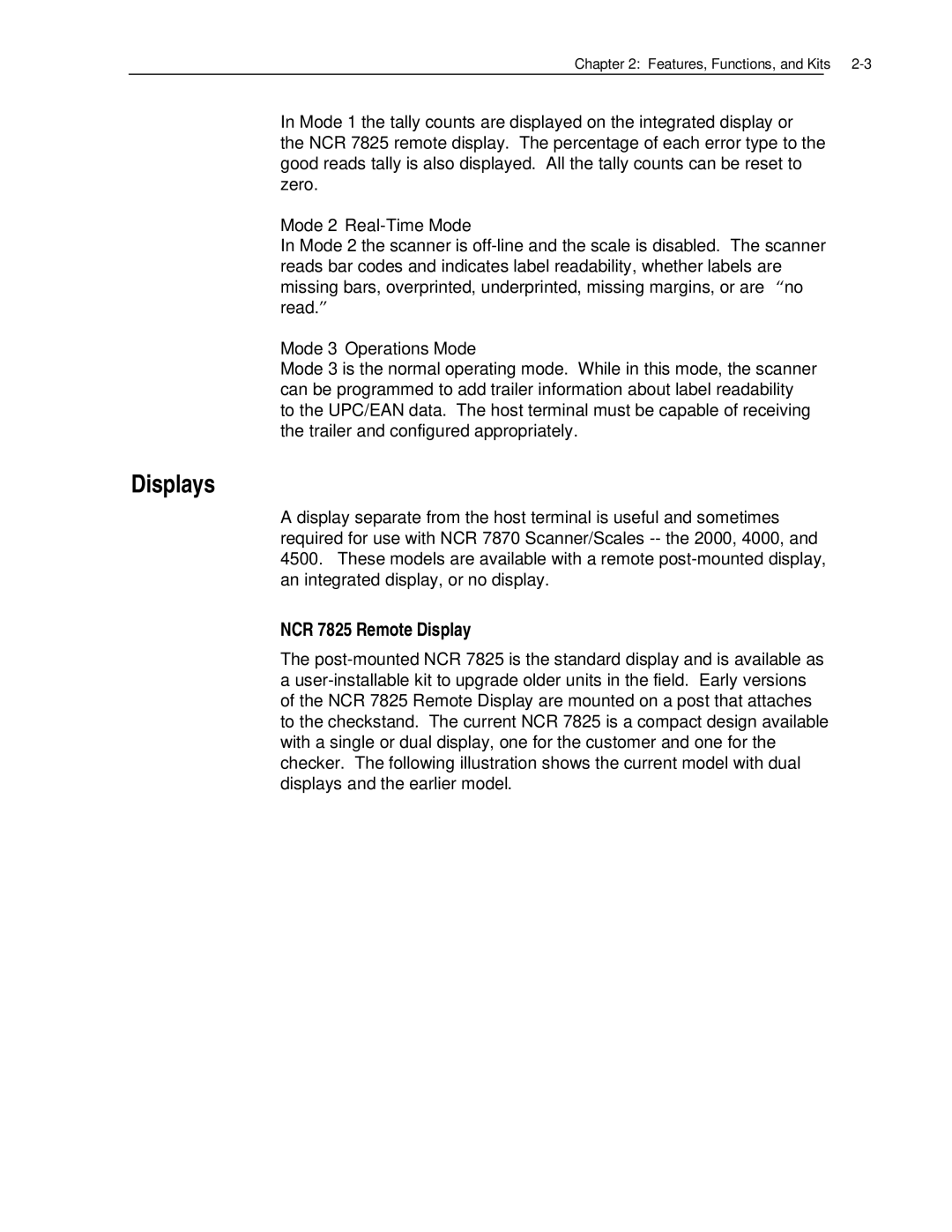 NCR 7870 manual Displays, NCR 7825 Remote Display, Mode 2 Real-Time Mode, Mode 3 Operations Mode 