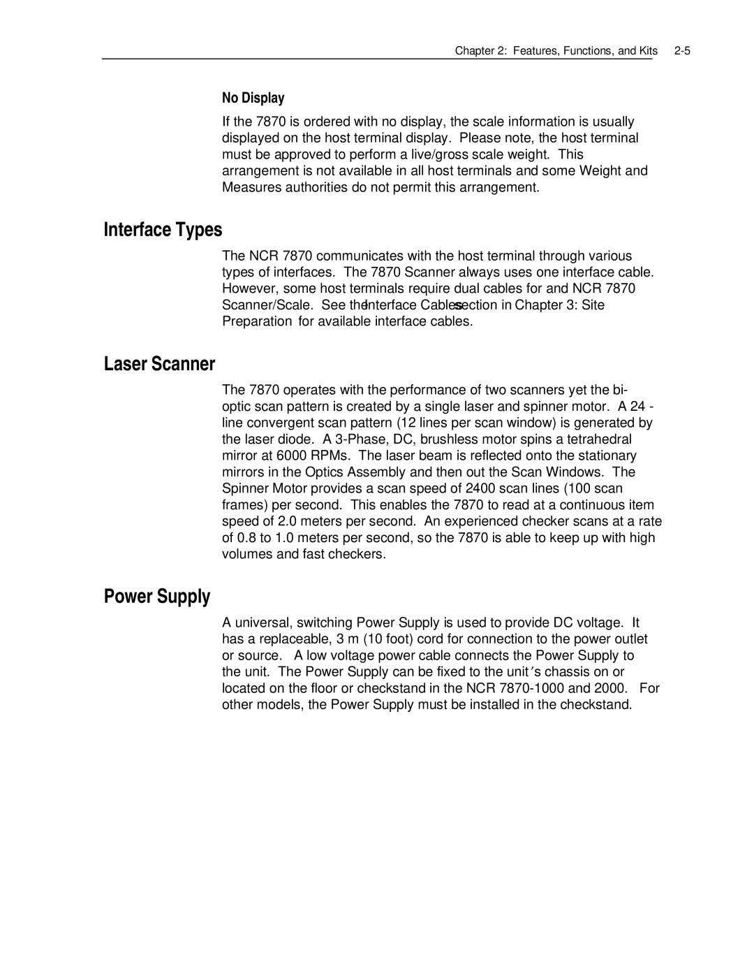 NCR 7870 manual Interface Types, Laser Scanner, Power Supply, No Display 