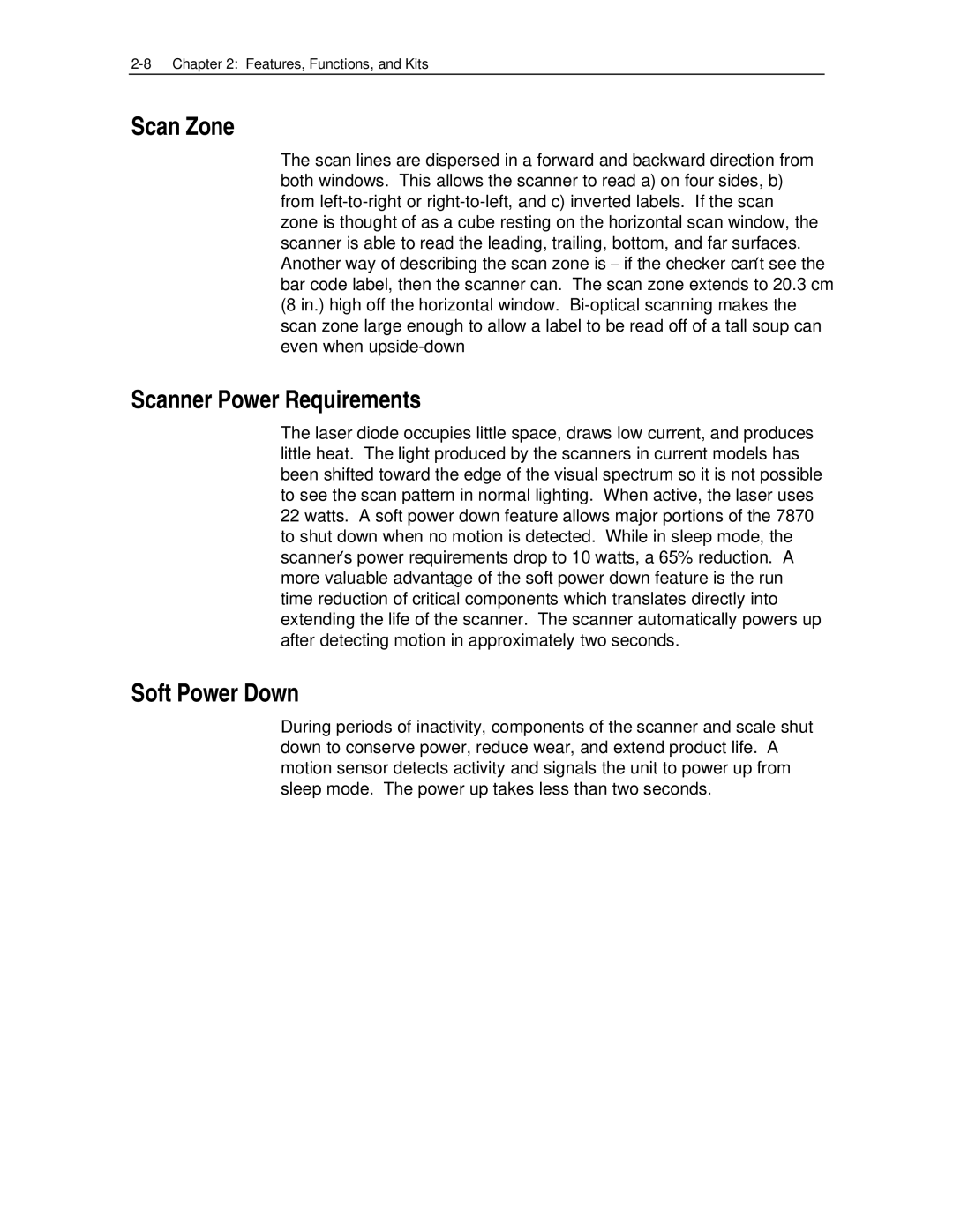 NCR 7870 manual Scan Zone, Scanner Power Requirements, Soft Power Down 