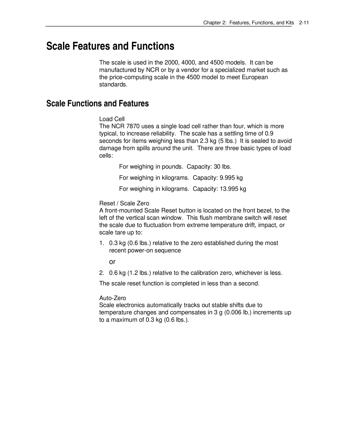 NCR 7870 manual Scale Features and Functions, Scale Functions and Features, Load Cell, Reset / Scale Zero, Auto-Zero 
