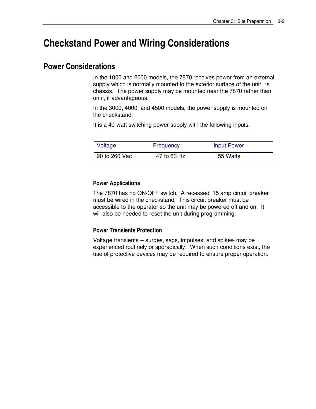 NCR 7870 Checkstand Power and Wiring Considerations, Power Considerations, Power Applications, Power Transients Protection 