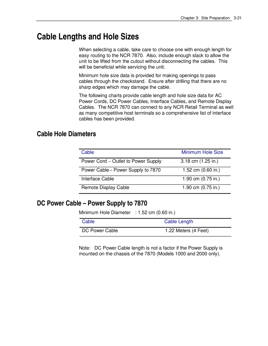 NCR 7870 manual Cable Lengths and Hole Sizes, Cable Hole Diameters, DC Power Cable Power Supply to 