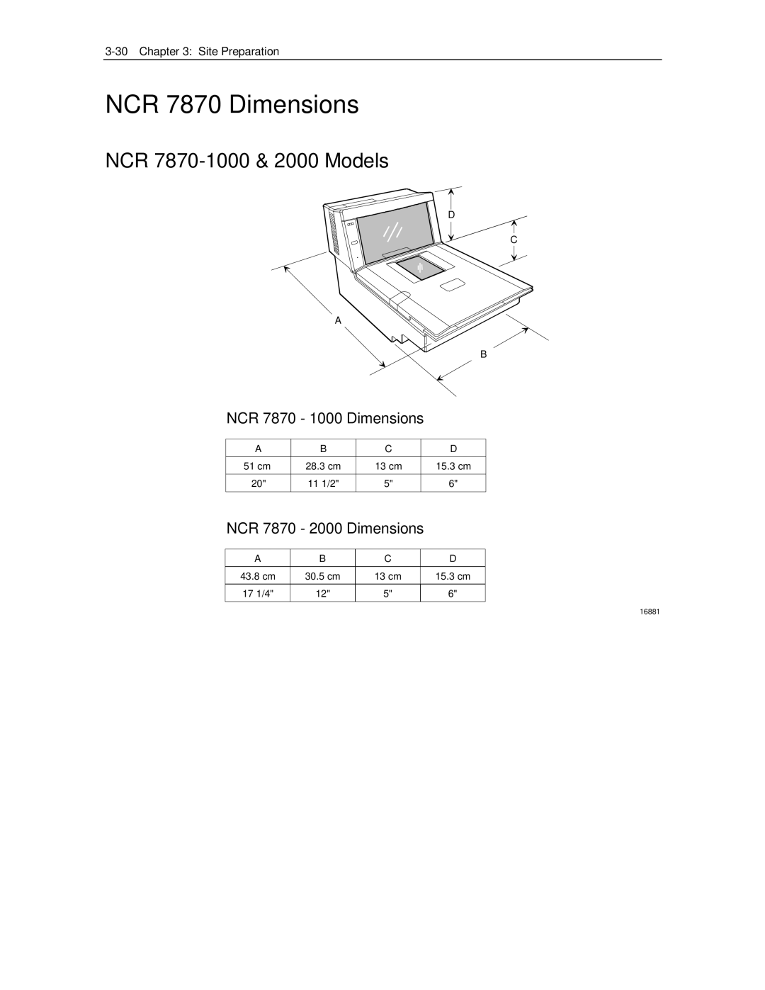 NCR manual NCR 7870 Dimensions, NCR 7870-1000 & 2000 Models, NCR 7870 1000 Dimensions, NCR 7870 2000 Dimensions 