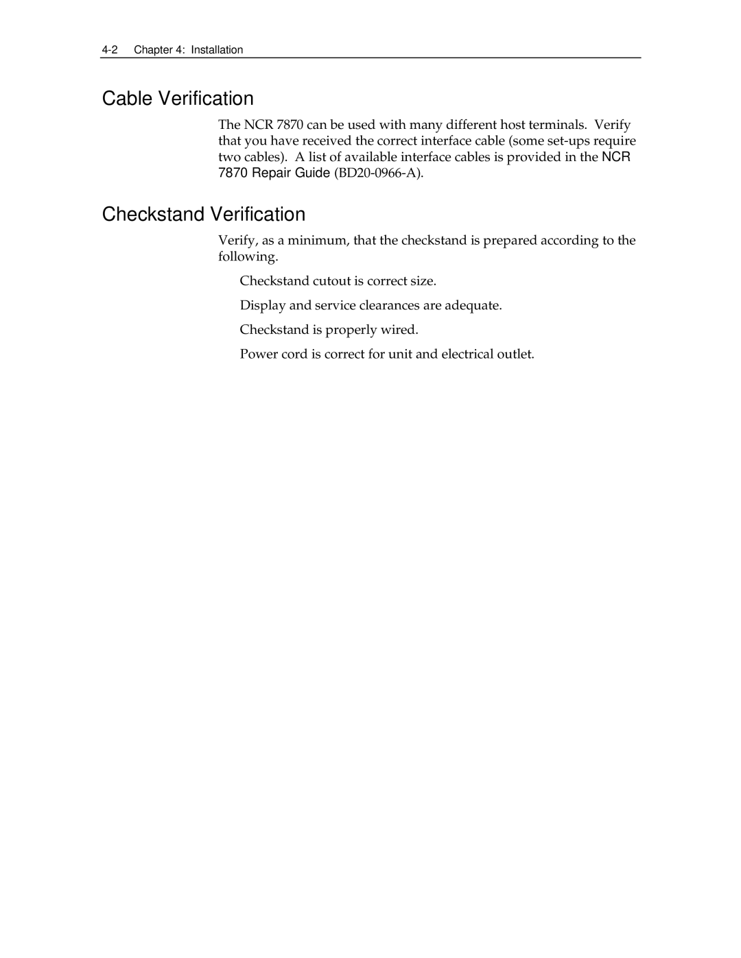 NCR 7870 manual Cable Verification, Checkstand Verification 