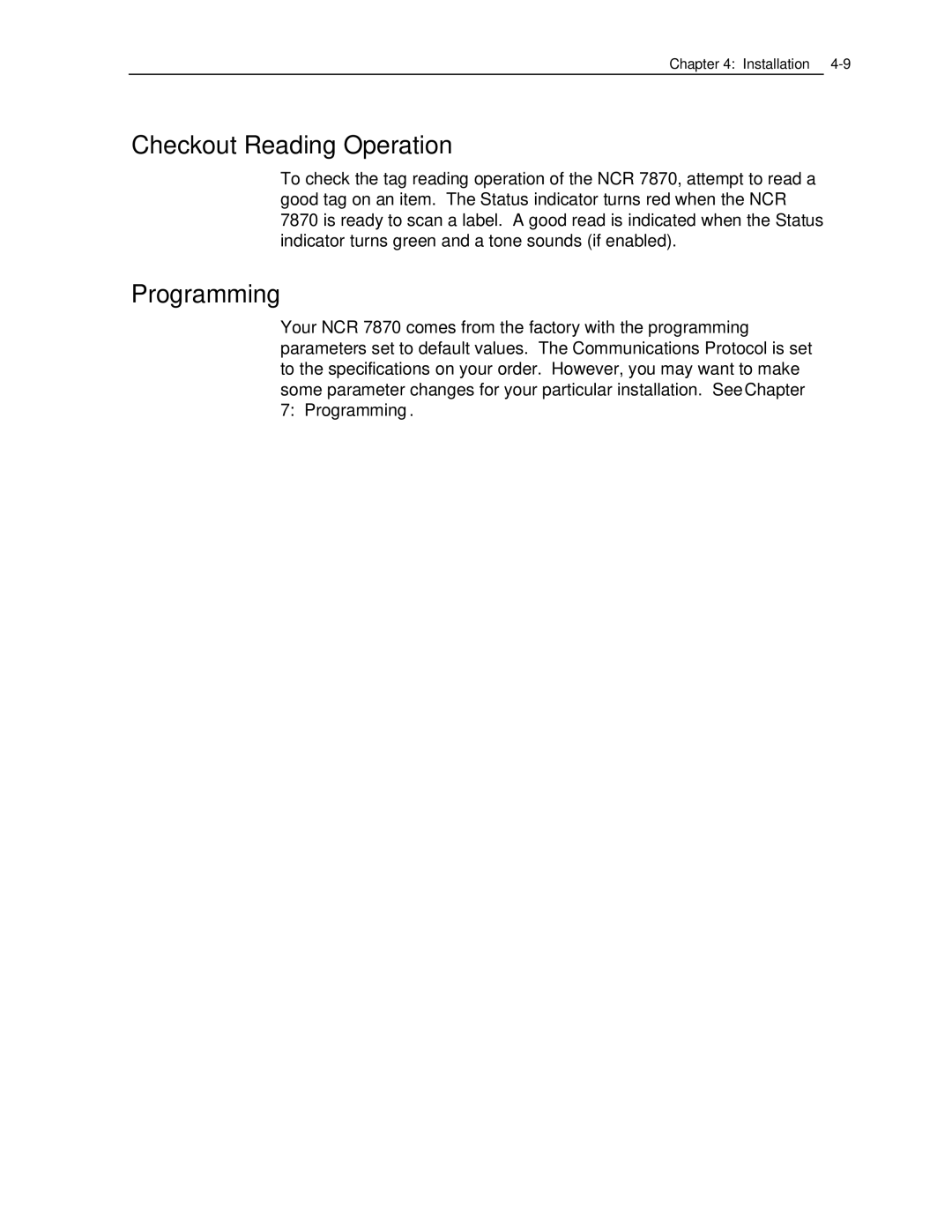 NCR 7870 manual Checkout Reading Operation, Programming 