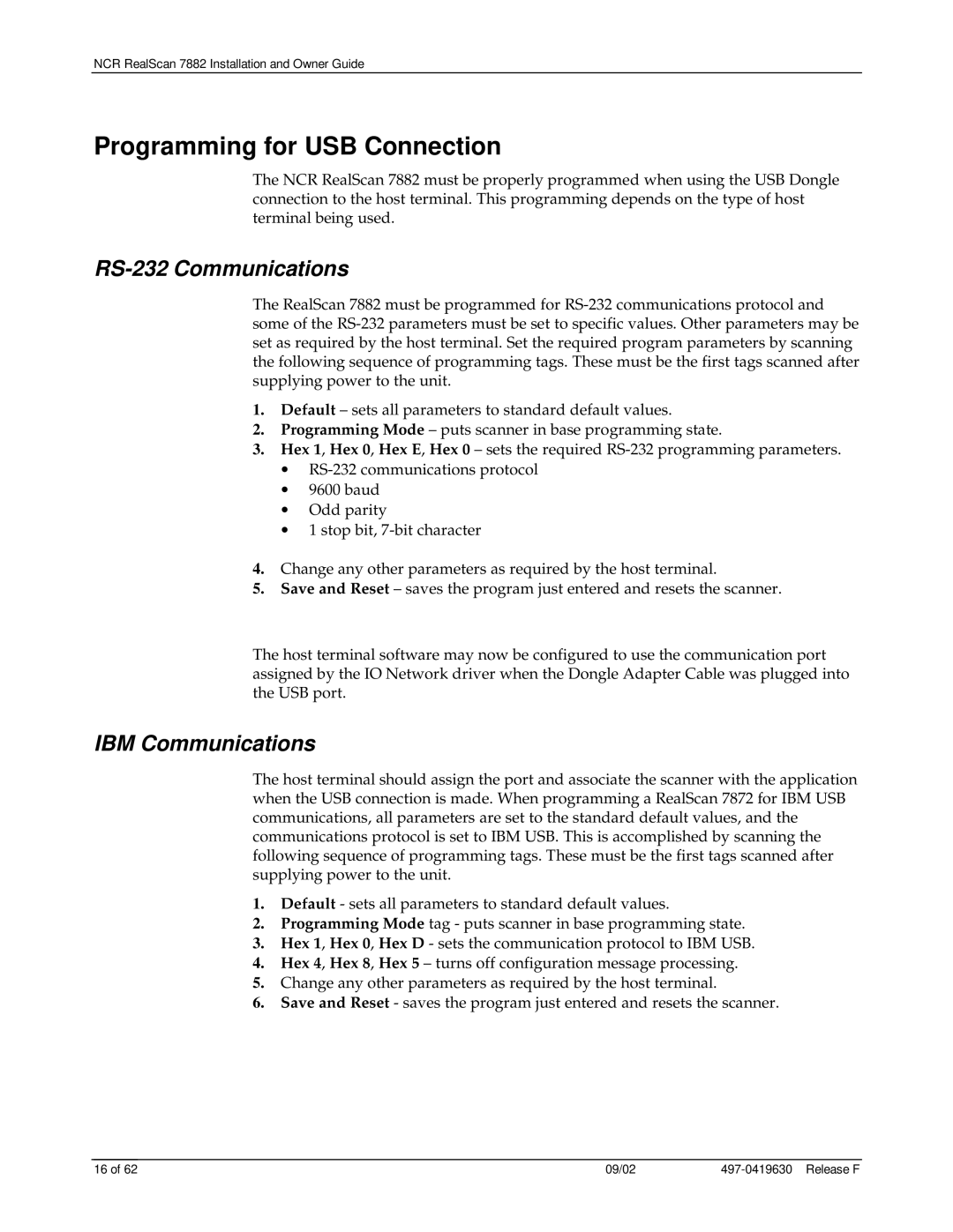 NCR 7882 manual Programming for USB Connection, RS-232 Communications 