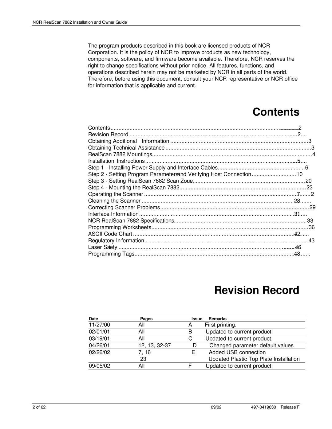 NCR 7882 manual Revision Record, Contents 