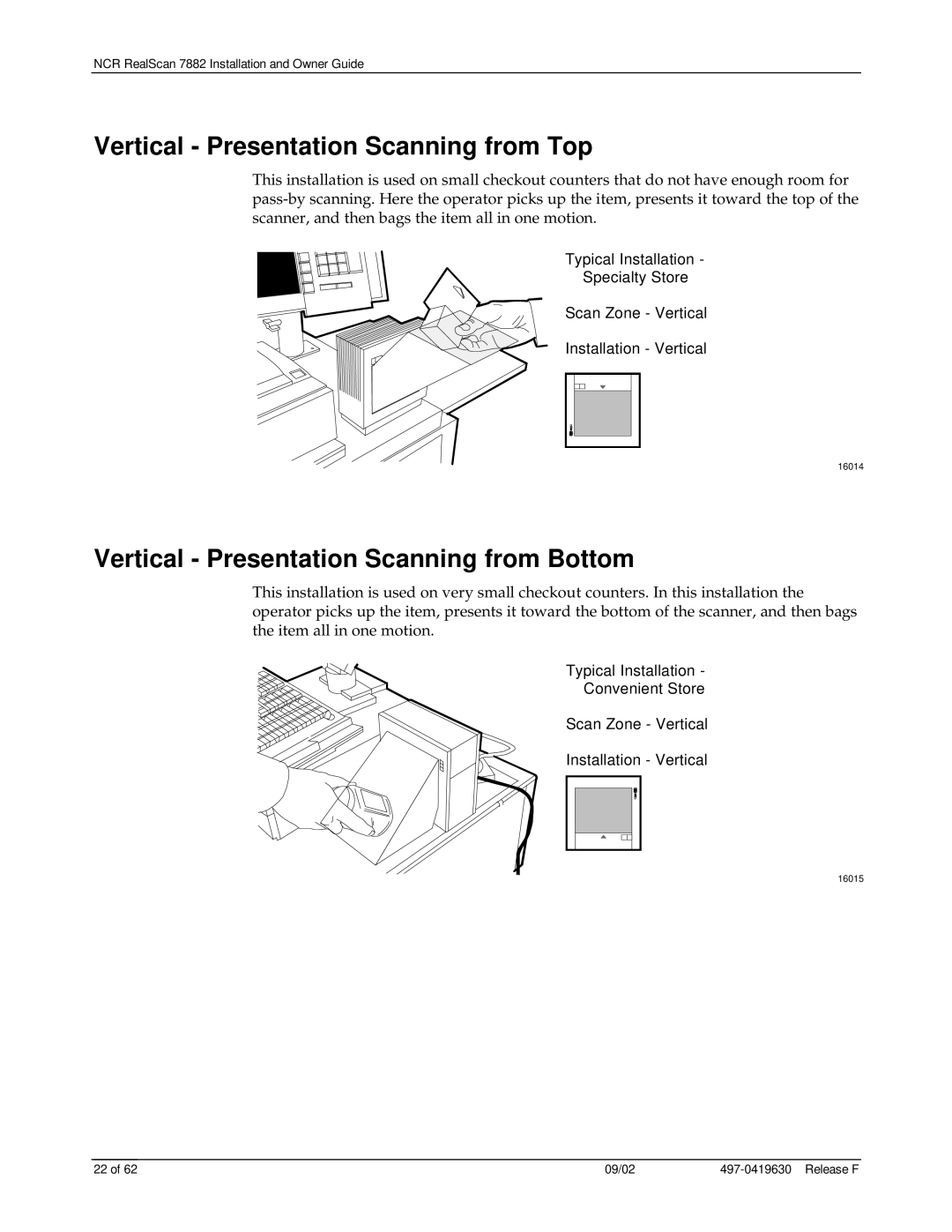 NCR 7882 manual Vertical Presentation Scanning from Top, Vertical Presentation Scanning from Bottom 