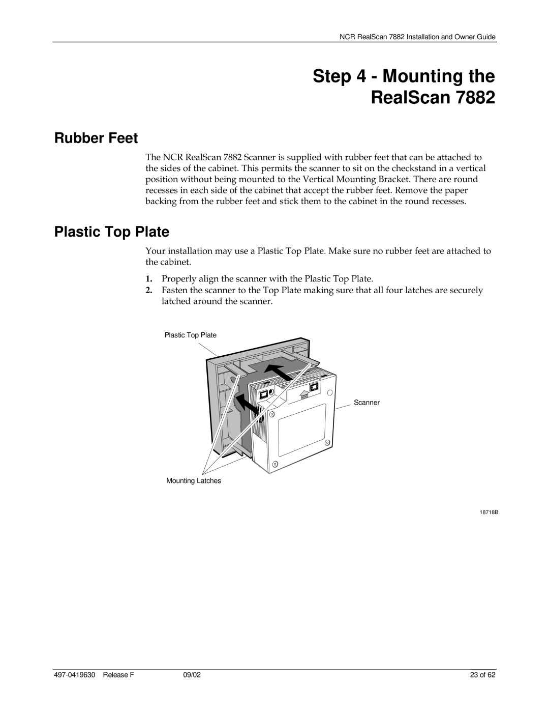 NCR 7882 manual Mounting RealScan, Rubber Feet, Plastic Top Plate 