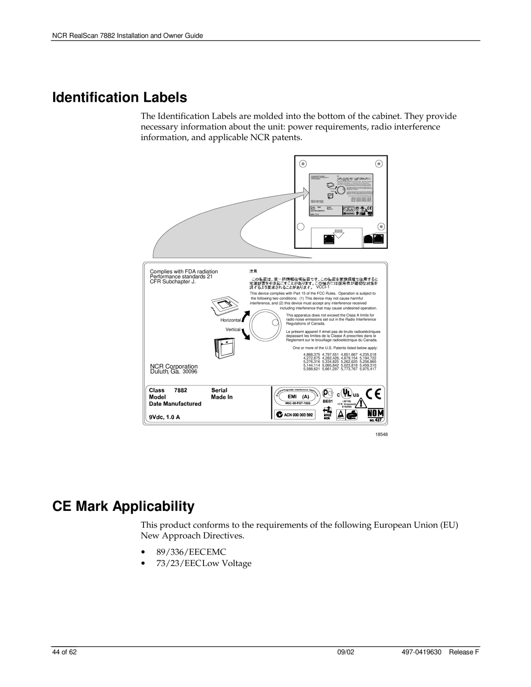 NCR 7882 manual Identification Labels, CE Mark Applicability 