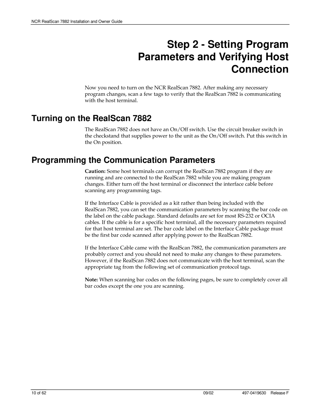 NCR 7882 manual Setting Program Parameters and Verifying Host Connection, Turning on the RealScan 