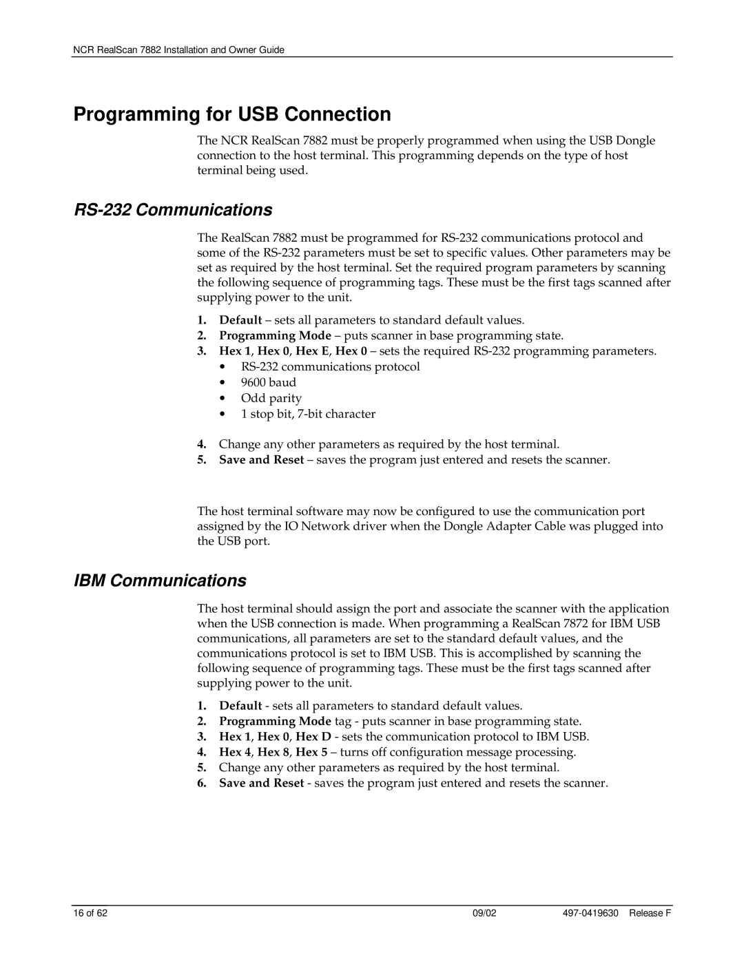 NCR 7882 manual Programming for USB Connection, RS-232 Communications, IBM Communications 