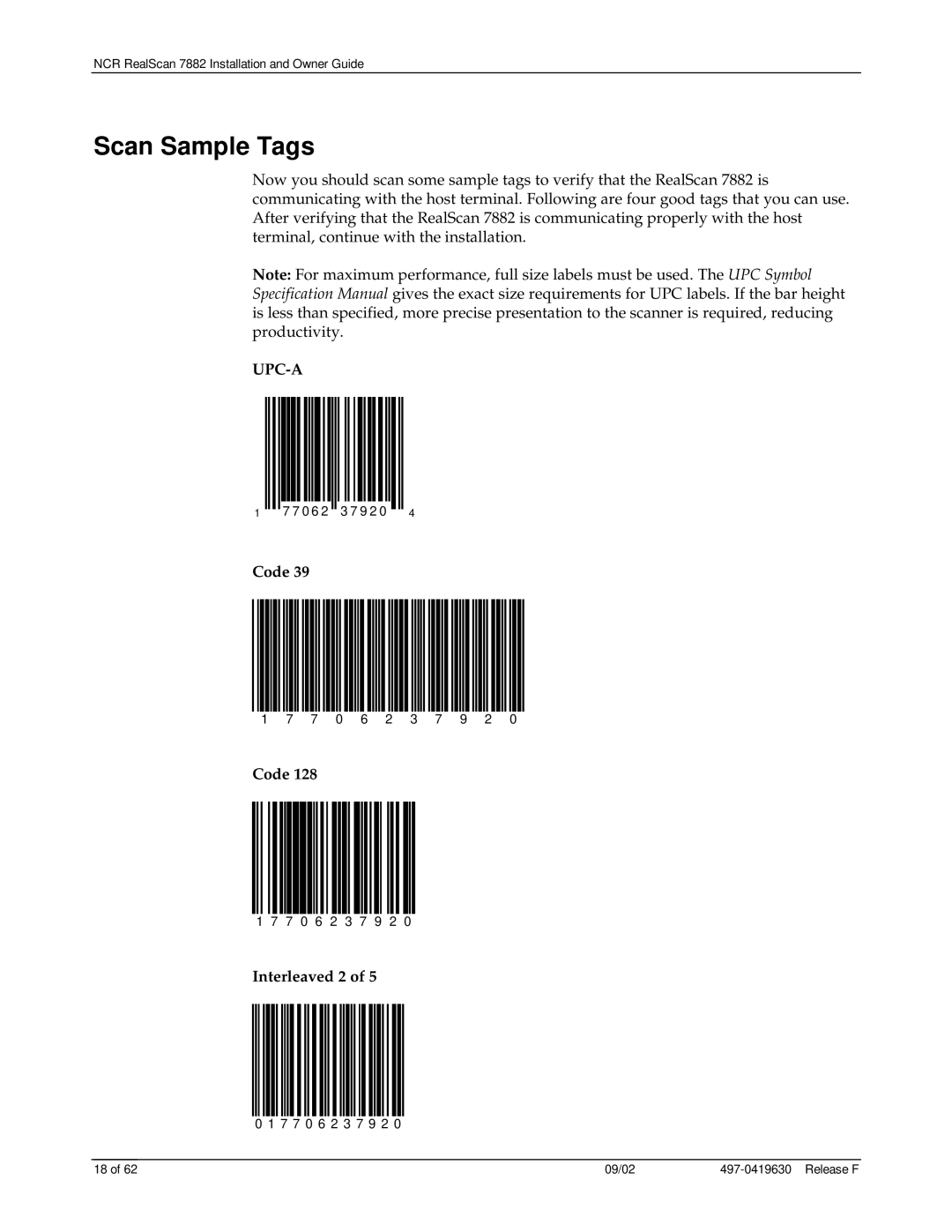 NCR 7882 manual Scan Sample Tags, Upc-A, Code, Interleaved 2 of 