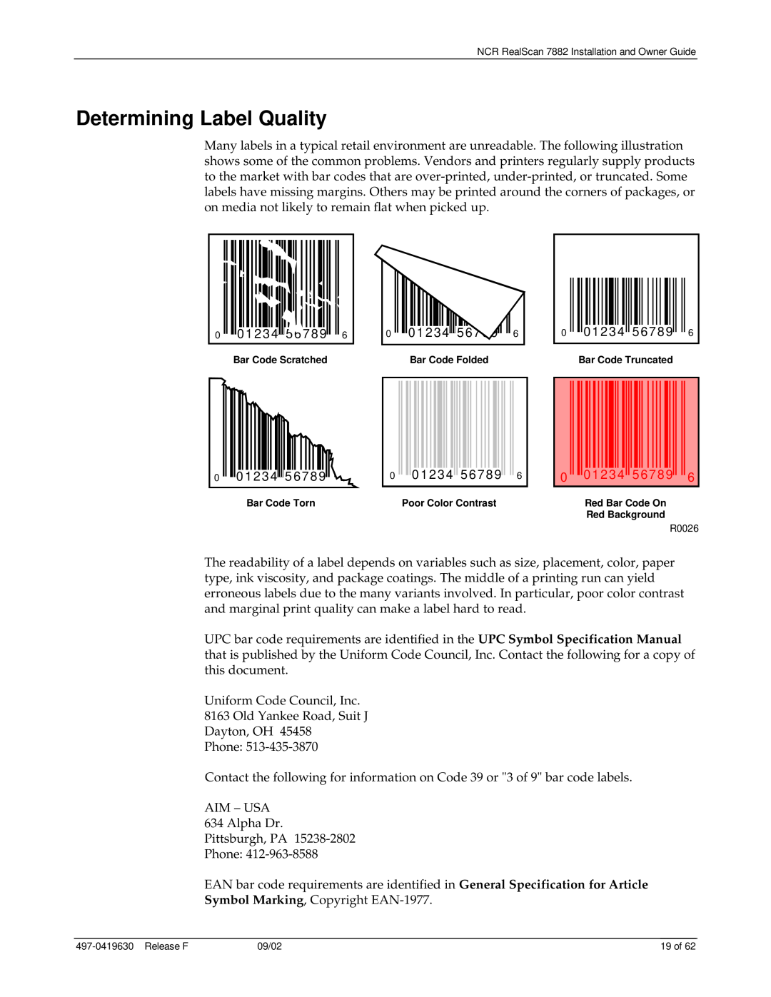 NCR 7882 manual Determining Label Quality, 0 01234 5 678 9 