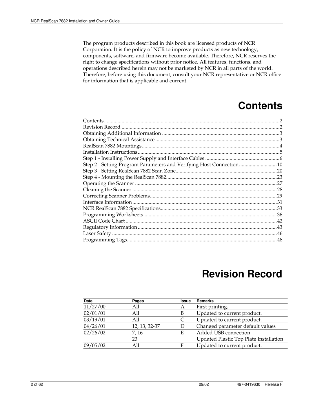NCR 7882 manual Revision Record, Contents 
