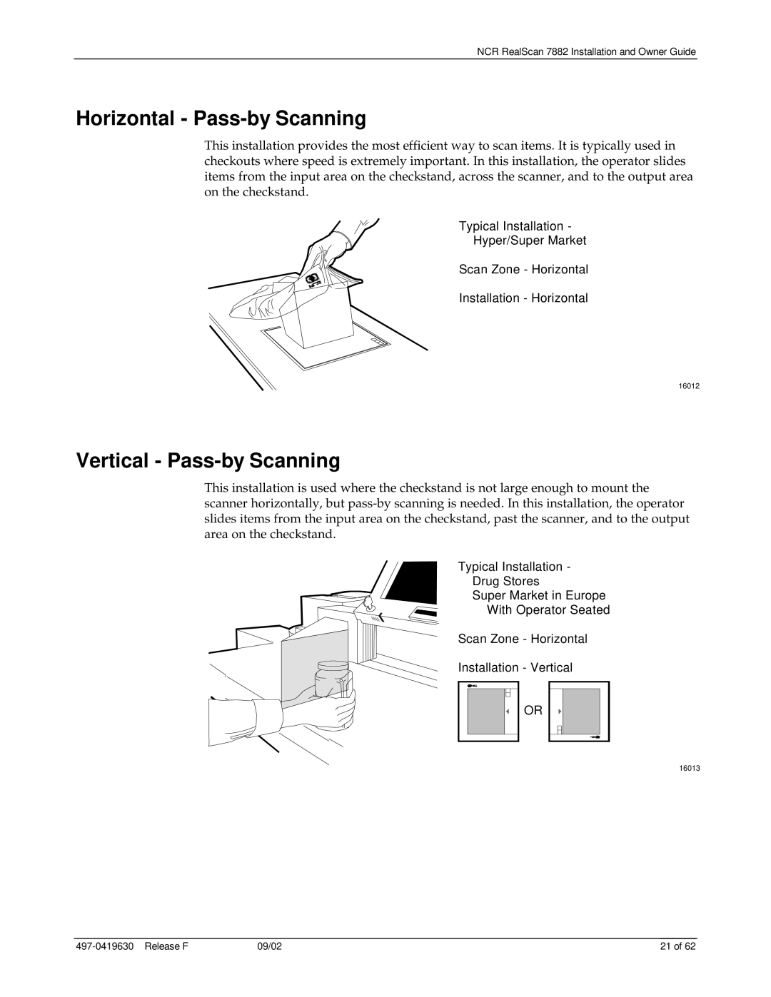 NCR 7882 manual Horizontal - Pass-by Scanning, Vertical - Pass-by Scanning, Installation - Horizontal 