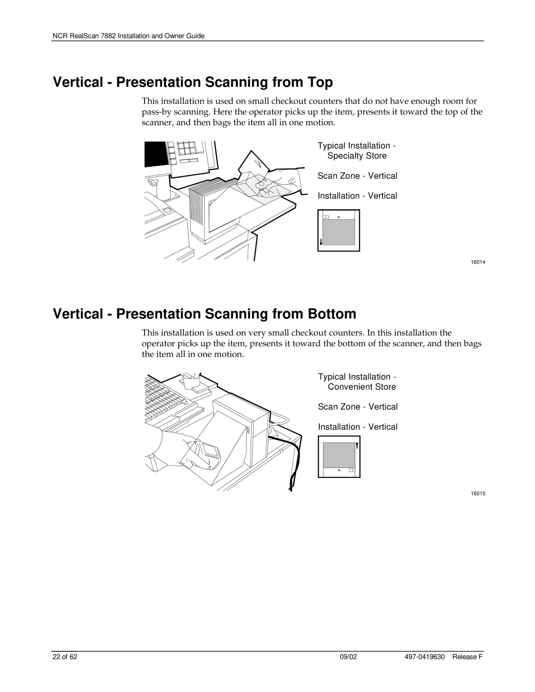 NCR 7882 manual Vertical - Presentation Scanning from Top, Vertical - Presentation Scanning from Bottom 