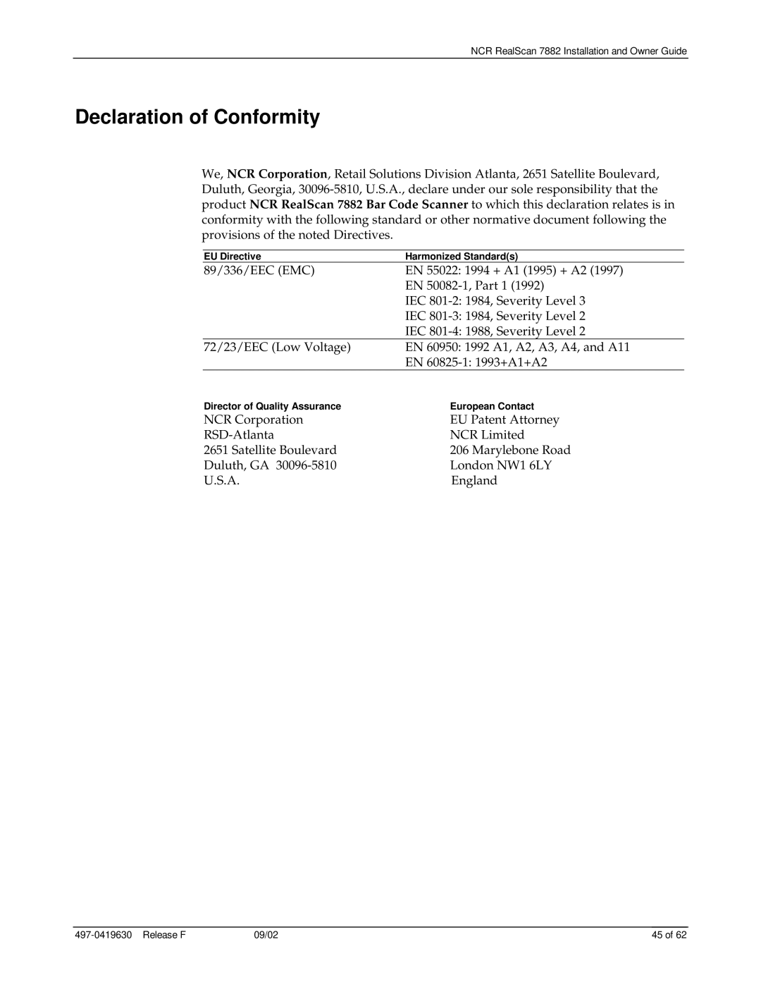 NCR 7882 manual Declaration of Conformity 