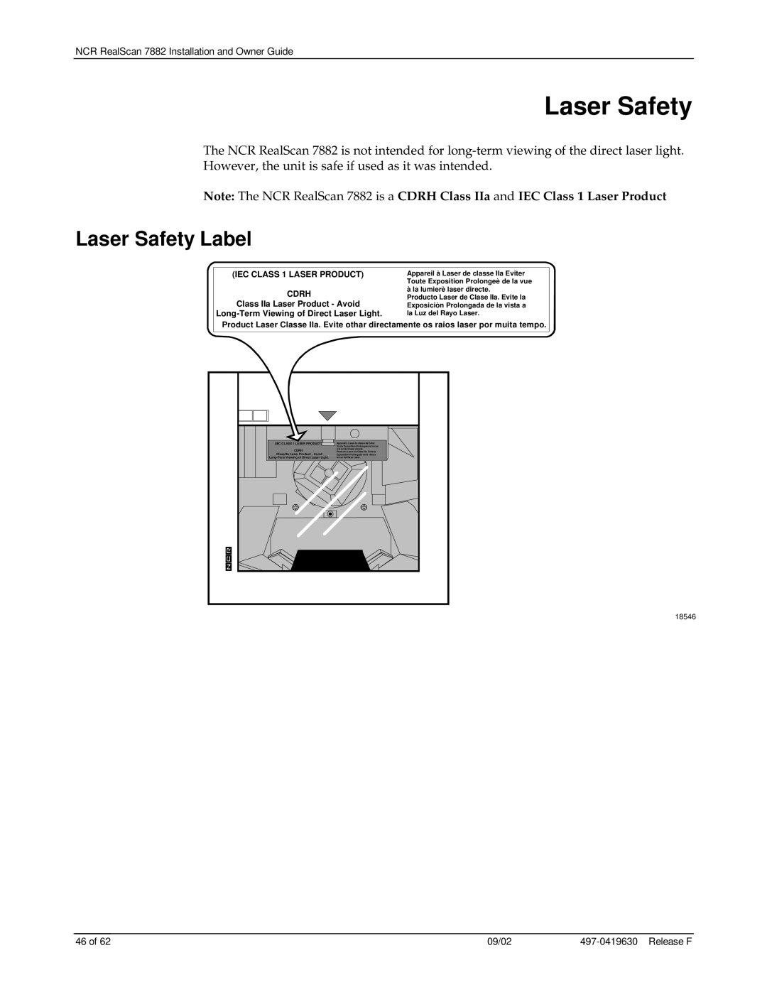 NCR 7882 manual Laser Safety Label, IEC CLASS 1 LASER PRODUCT CDRH Class IIa Laser Product - Avoid, 18546 