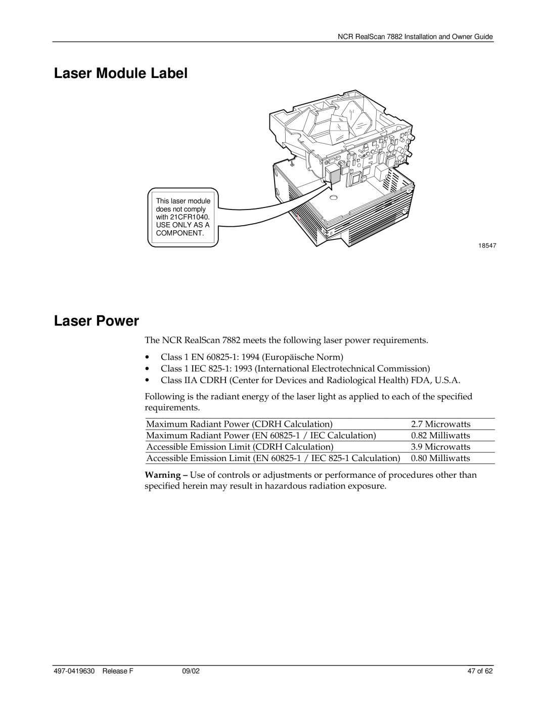 NCR 7882 manual Laser Module Label, Laser Power 