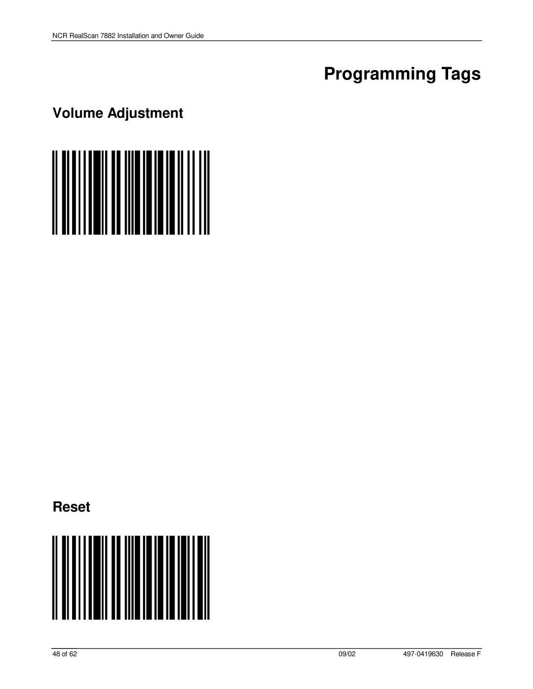 NCR 7882 manual Programming Tags, Volume Adjustment Reset 