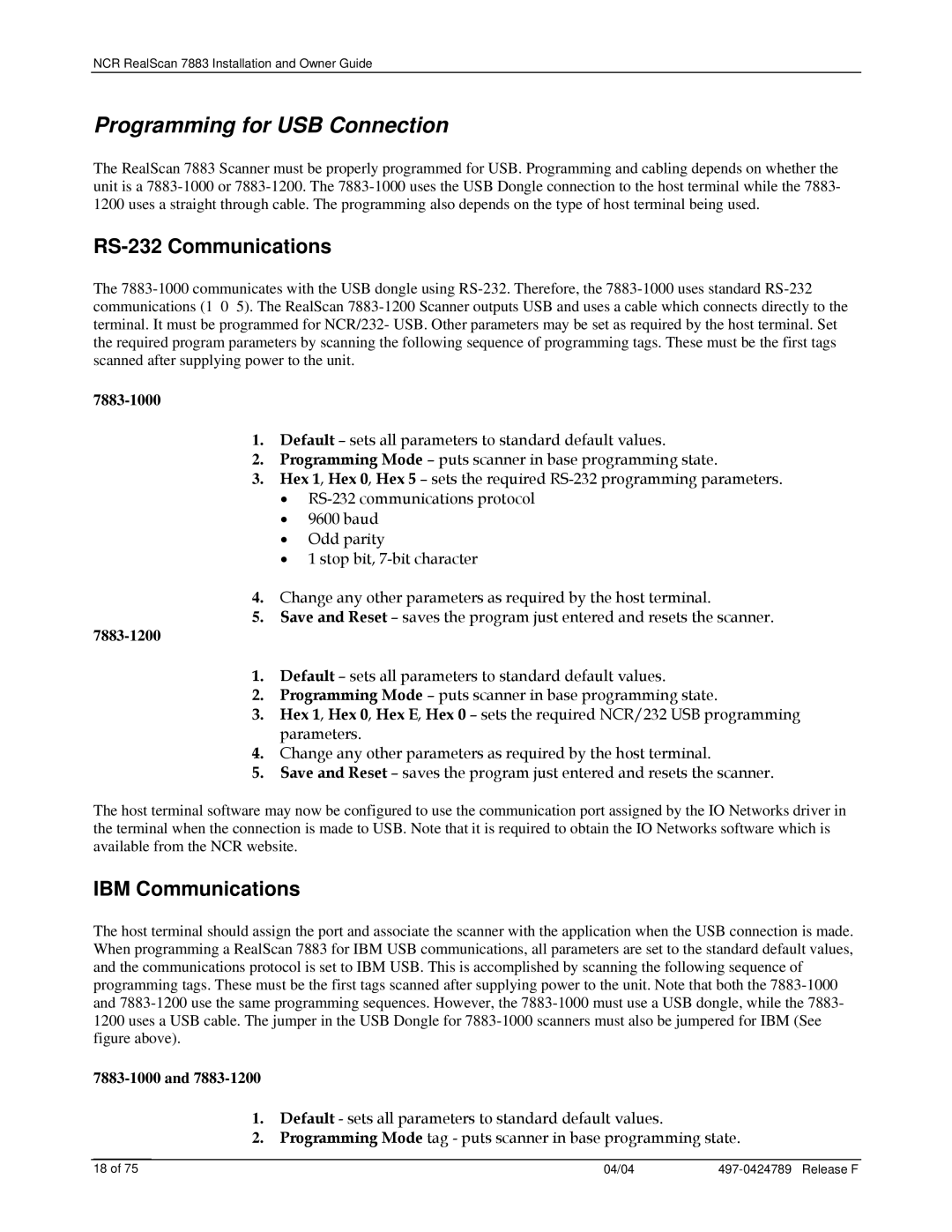 NCR 7883 manual Programming for USB Connection, RS-232 Communications, IBM Communications 