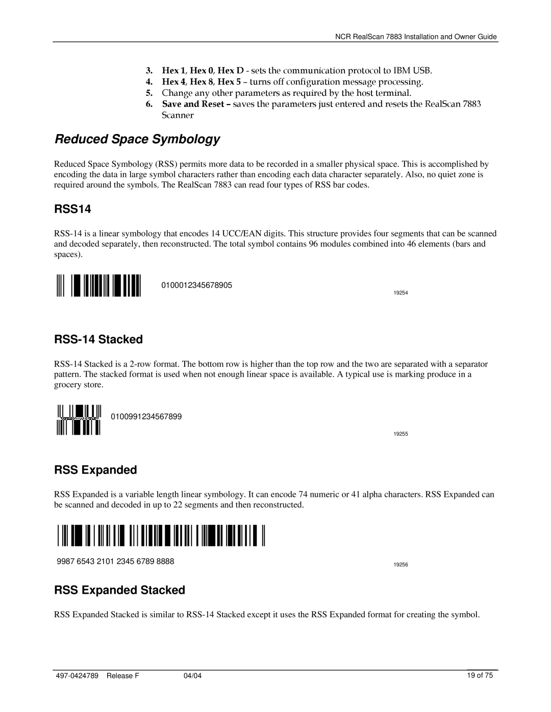 NCR 7883 manual Reduced Space Symbology, RSS-14 Stacked, RSS Expanded Stacked 