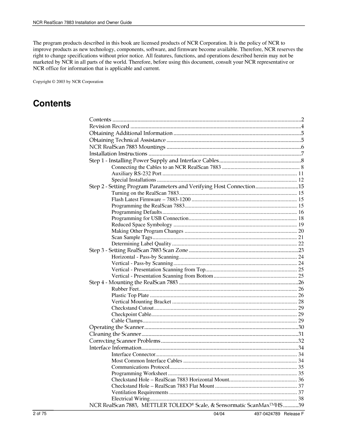 NCR 7883 manual Contents 