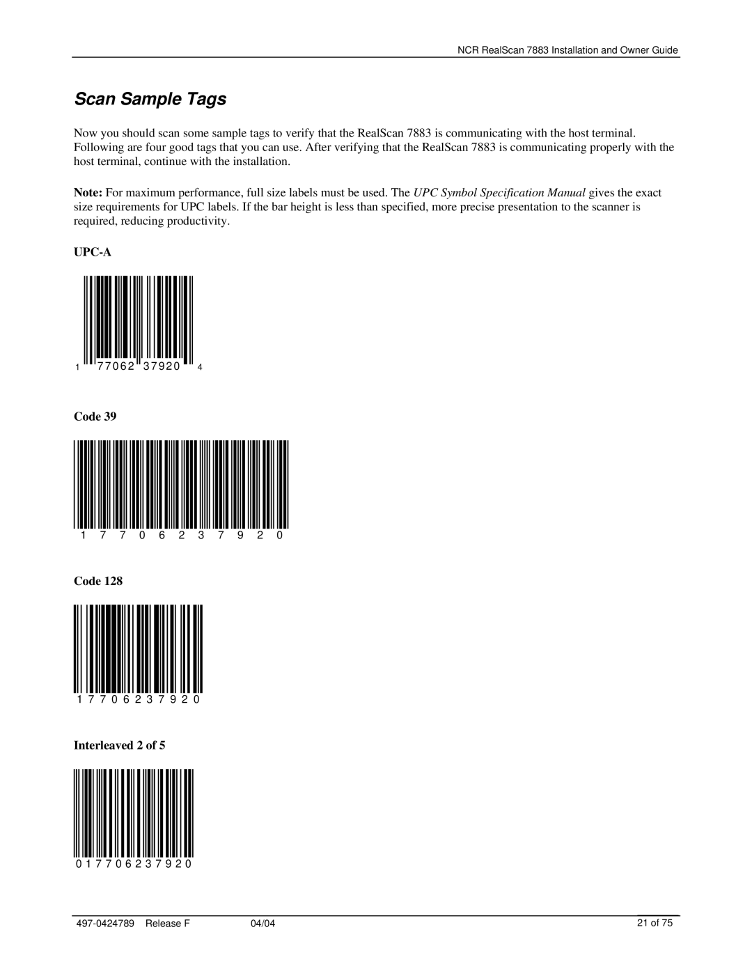 NCR 7883 manual Scan Sample Tags, Upc-A 