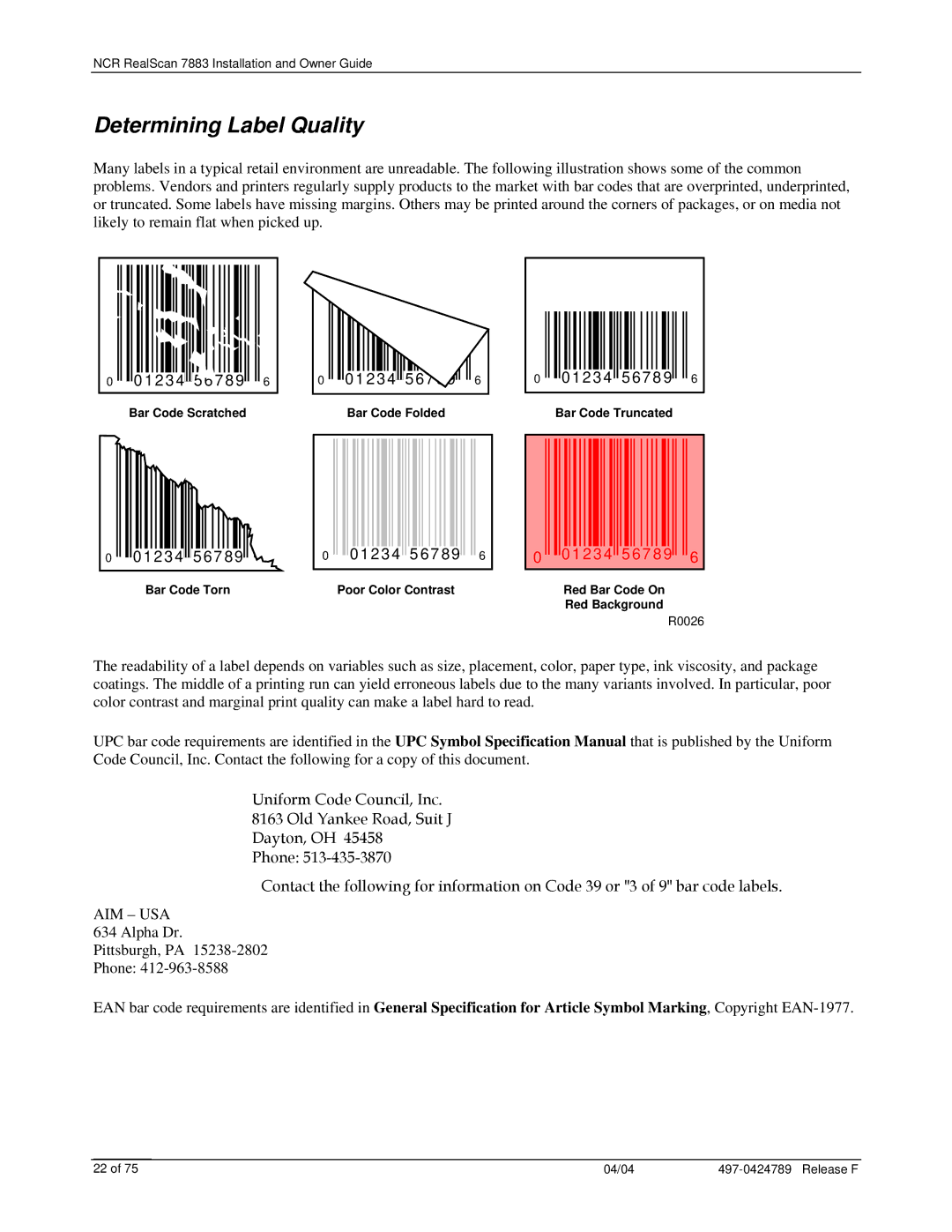 NCR 7883 manual Determining Label Quality, 01234 5 678 9 