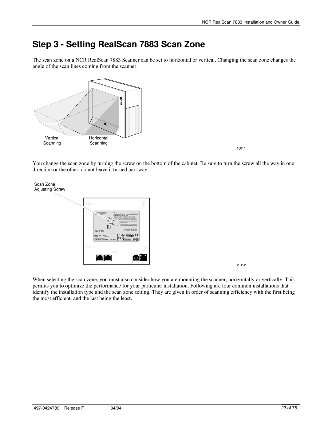 NCR manual Setting RealScan 7883 Scan Zone, Scan Zone Adjusting Screw 