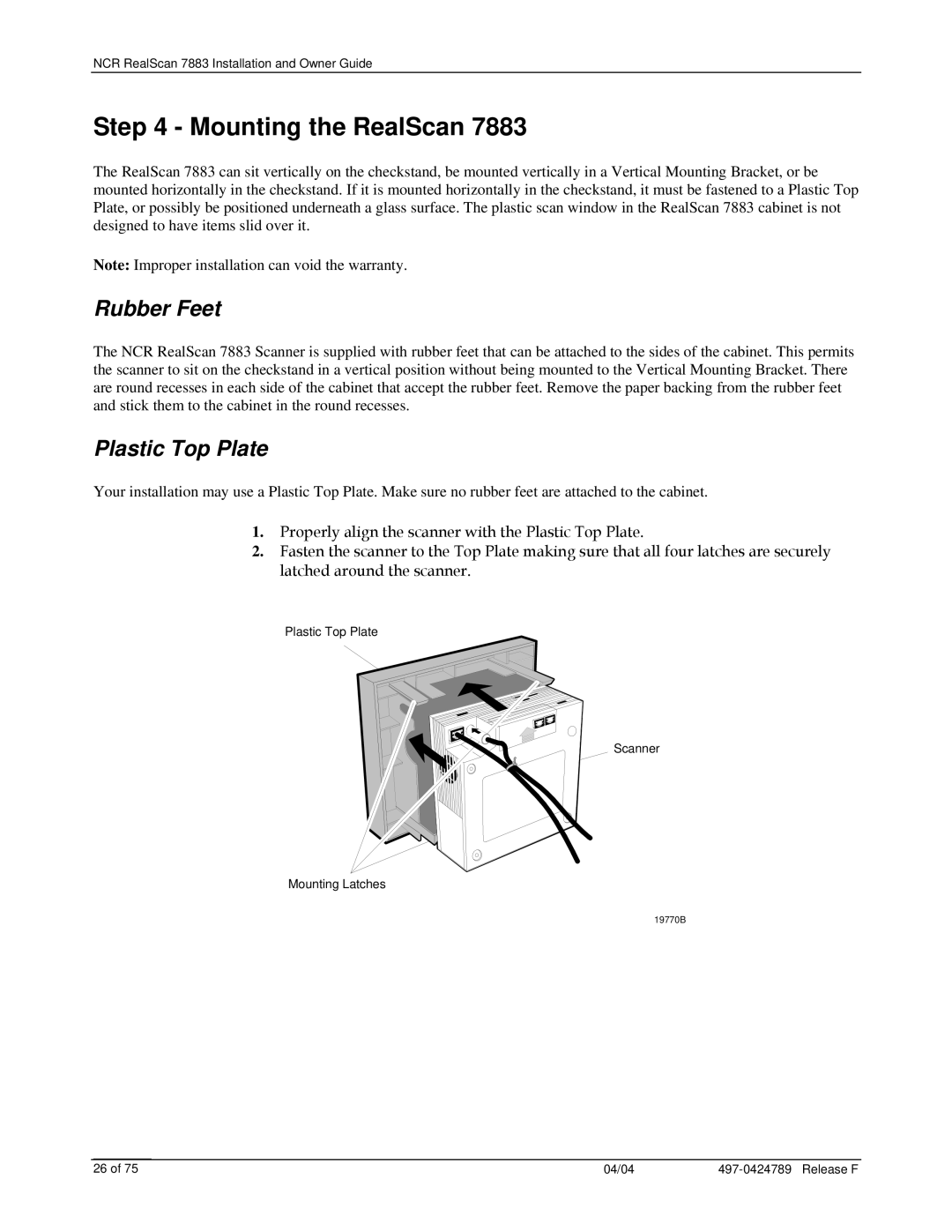 NCR 7883 manual Mounting the RealScan, Rubber Feet, Plastic Top Plate 