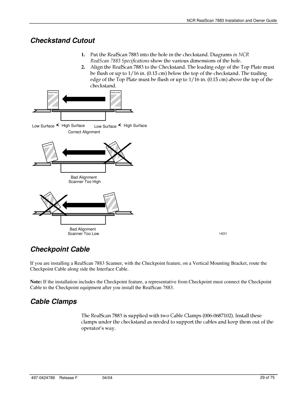 NCR 7883 manual Checkstand Cutout, Checkpoint Cable, Cable Clamps 