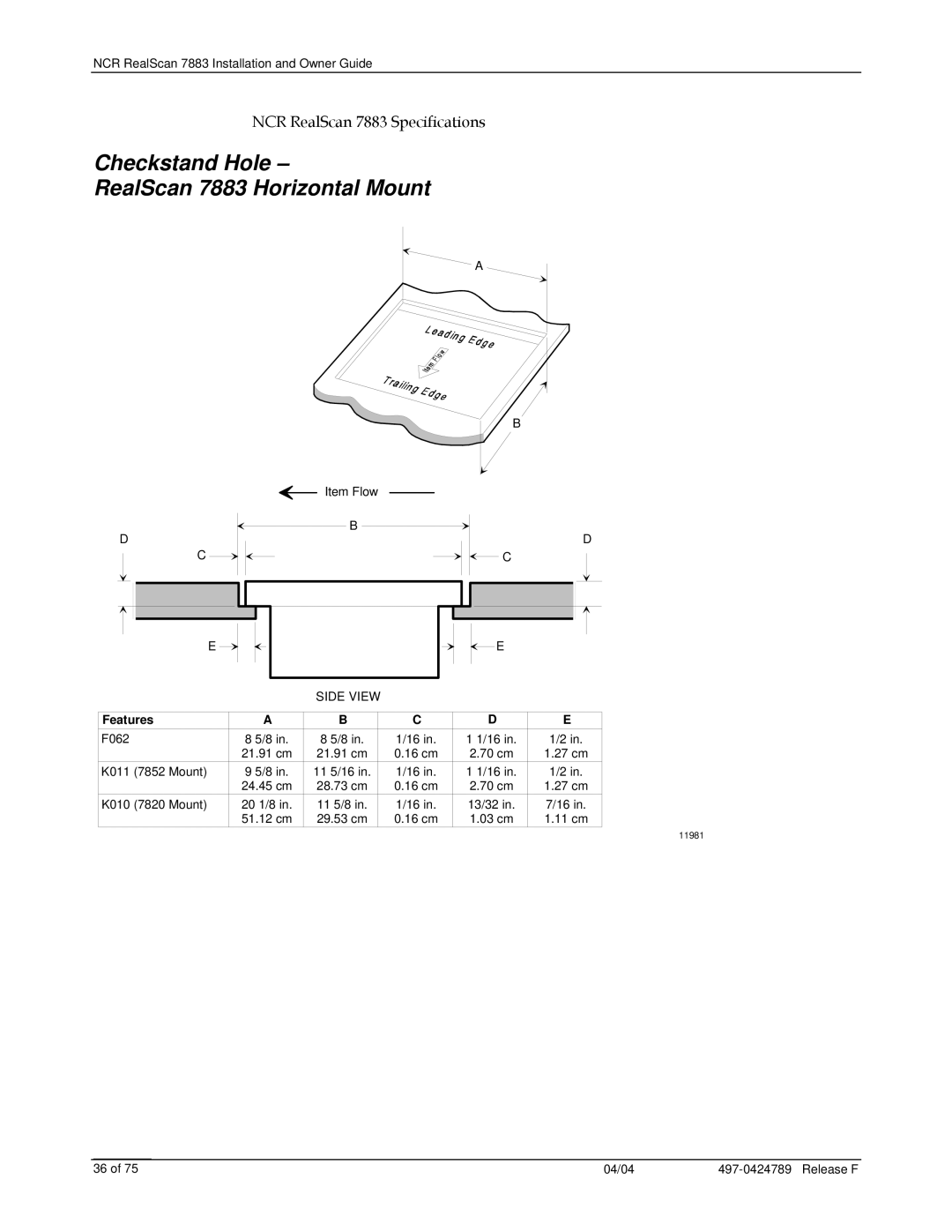 NCR manual Checkstand Hole RealScan 7883 Horizontal Mount, Features 