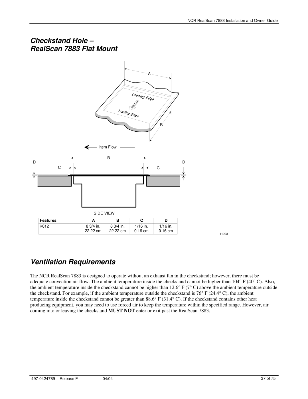 NCR manual Checkstand Hole RealScan 7883 Flat Mount, Ventilation Requirements 